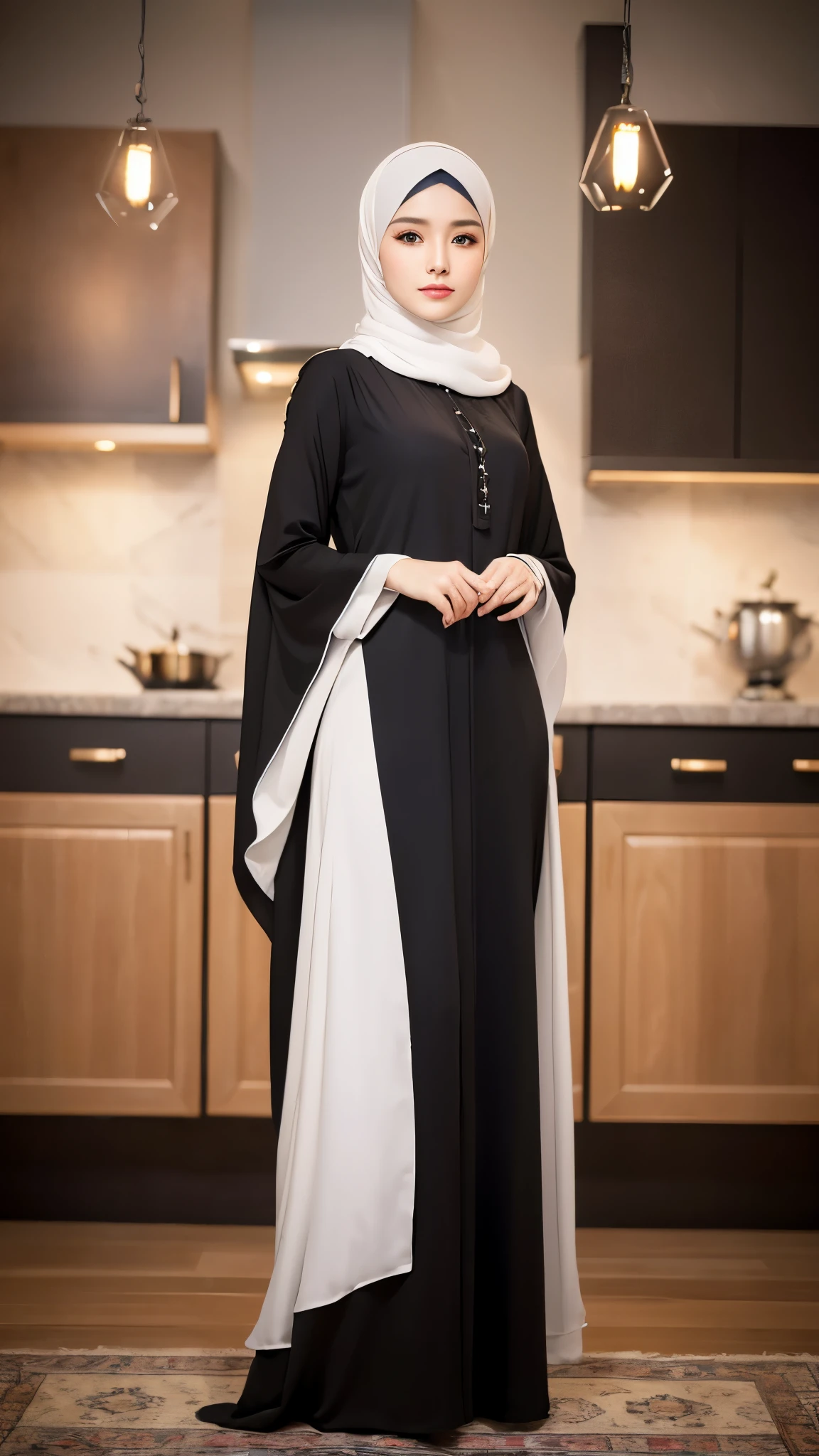 (best quality,4k,8k,highres,masterpiece:1.2),ultra-detailed,(realistic,photorealistic,photo-realistic:1.37),kitchen,portrait,Korean young man,cross-dresser,femininity,modesty,graceful pose,cute expression,charming eyes,perfectly applied makeup,long curled eyelashes,piercing gaze,perfect pashmina hijab,HDR,UHD,studio lighting,ultra-fine painting,sharp focus,physically-based rendering,extreme detail description,professional,feminine mannerisms,vivid colors,bokeh,modern abaya dress,stylish heel,white pashmina hijab,looking at the camera,full body portrait