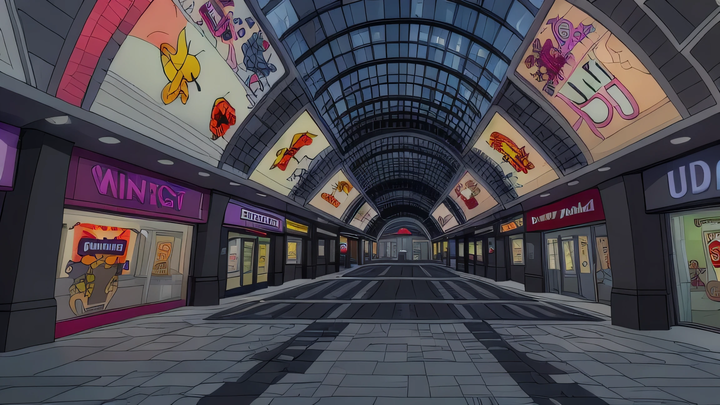 3d cartoon shopping mall, early morning, highest quality, darker tone, masterpiece, 8k uhd, no people