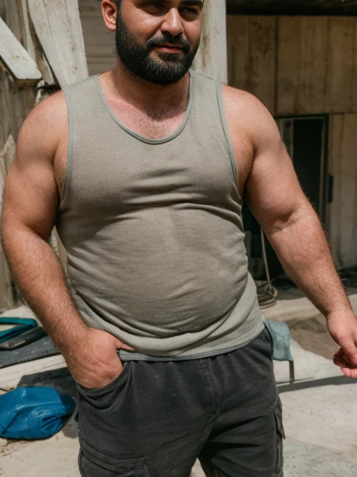 beefy turkish construction worker, very hairy, big meaty pecs, tank top  
RAW candid cinema,16mm,color graded portra 400 film,remarkable color,ultra realistic,textured skin,remarkable detailed pupils,realistic dull skin noise,visible skin detail,skin fuzz,dry skin,shot with cinematic camera