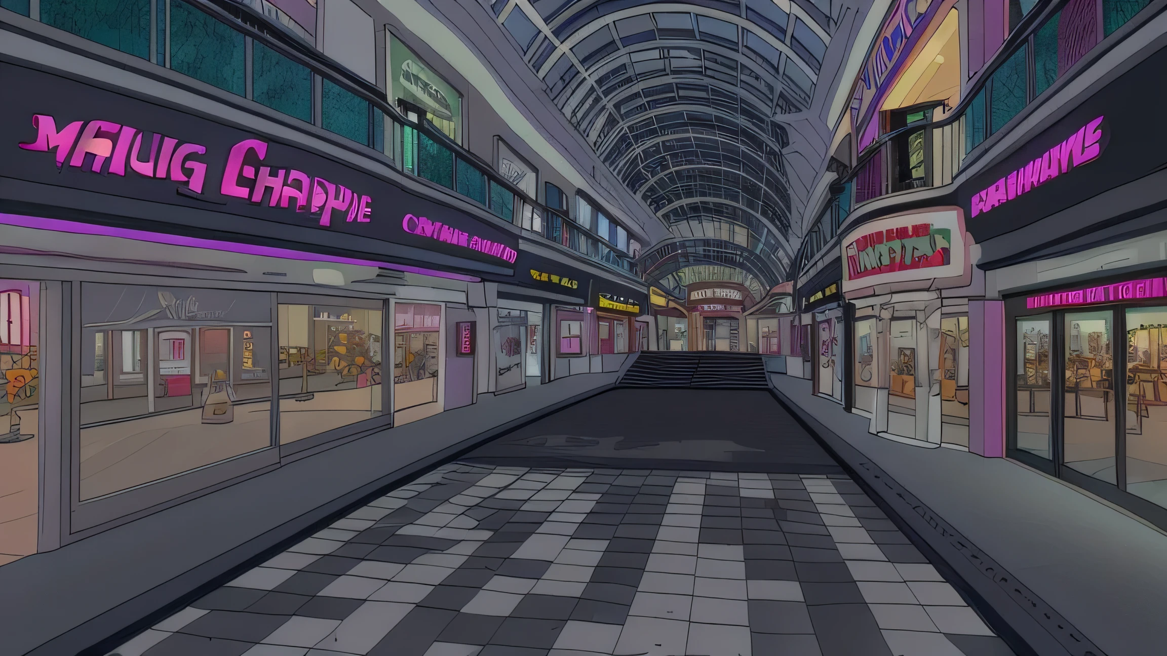 3d cartoon shopping mall, early morning, highest quality, darker tone, masterpiece, 8k uhd, no people