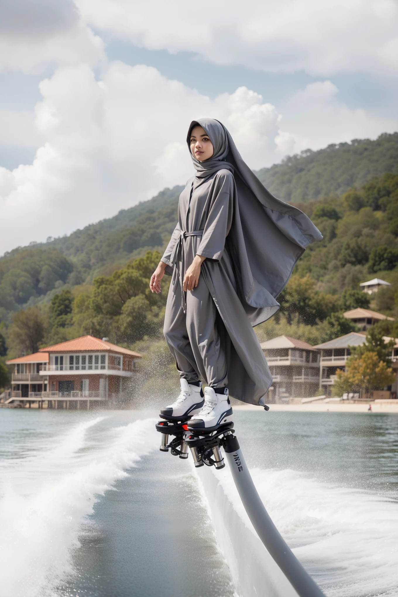 arafed woman in a gray robe riding a jet ski, hoverboard, 🕹️ 😎 🔫 🤖 🚬, hoverboards, hijab, wearing jetpack, great masterpiece, wearing a fisher 🧥, style of ade santora, wonderful masterpiece, fashion of the future, zaha hadi, floating robes, harriet tubman skateboarding, serena malyon