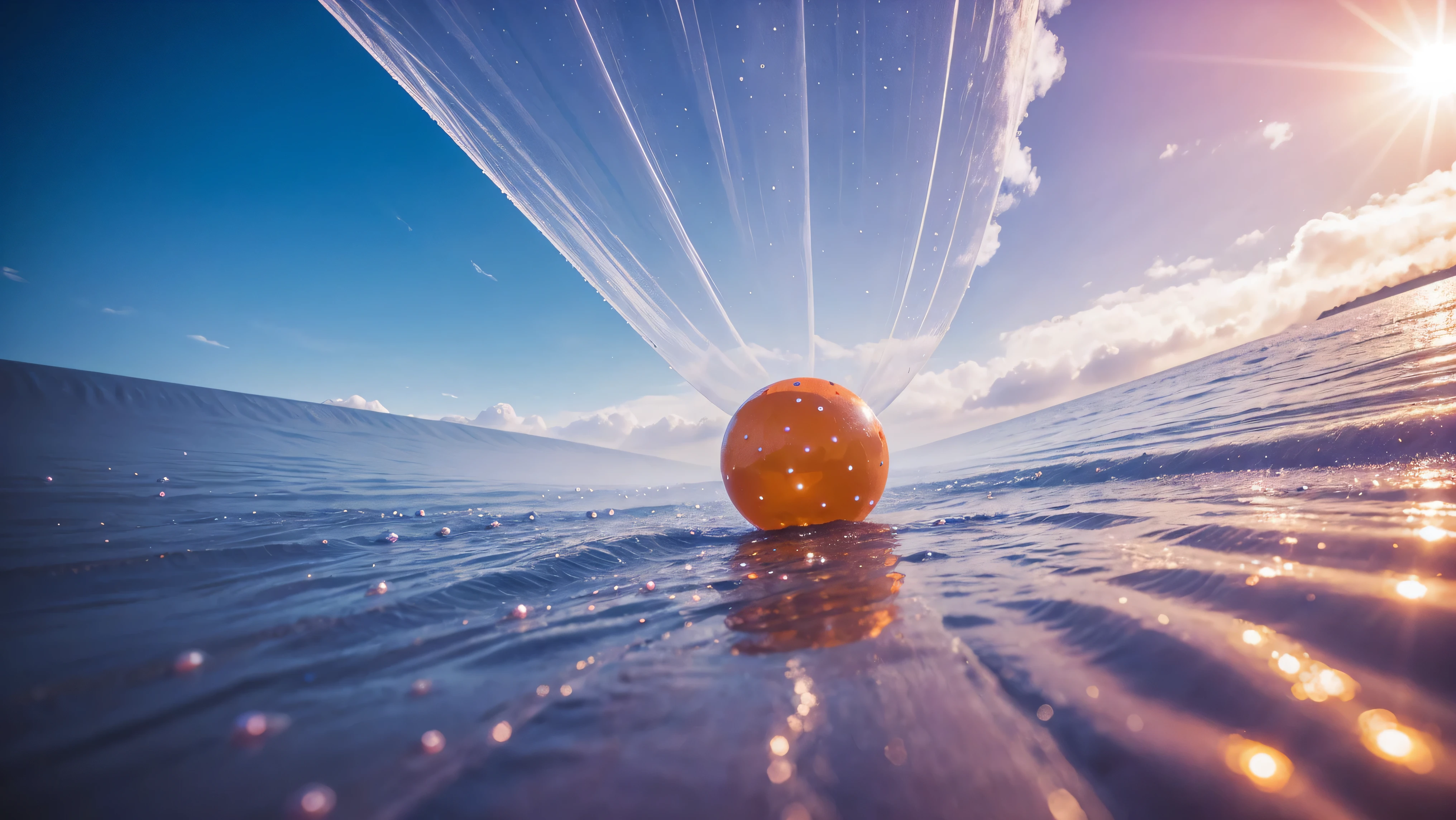 orange rubber balls soaked in water droplets lie on clouds,Balls intertwined with clouds , a tunnel of clouds and orange rubber balls lie along it, hyperdetalization of rubber balls, splashes of water, blue sky, the sun's rays shine brightly, clear focus, A tunnel made of fog and in it a fantastic flower made of luminous particles, a transparent flower of bluish beige color with a pearl coating with a purple coating close-up, tunnel, silicone neon ring nebula, aerosol can, in dew, high detail clarity, best ultra quality, 8K, soft lightsoft and delicate color, soft lighting,8k, improved detail, high quality,8k, full HD, (f/1.2, f/1.4, f/1.8) Focal length is 28mm, pink rubber ball with high detail and high roughness under the waterfall in focus, background is blurred,