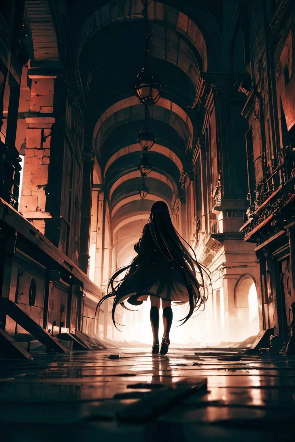 (masterpiece, highest quality), (wide angle), (Depth of the bounds written), one girl, full body, silhouette,Shadow, disorganized, Backlight, darkness, back view, dim light, anxiety, elegant, long hair, apocalyptic future city, apocalyptic world, collapse, break, faint hope, Rendering Effects, Natural light, Emotional and eye-catching visual impact, Dynamic expression, night, decadent, back view, black hair, long hair, There is no one but the girl