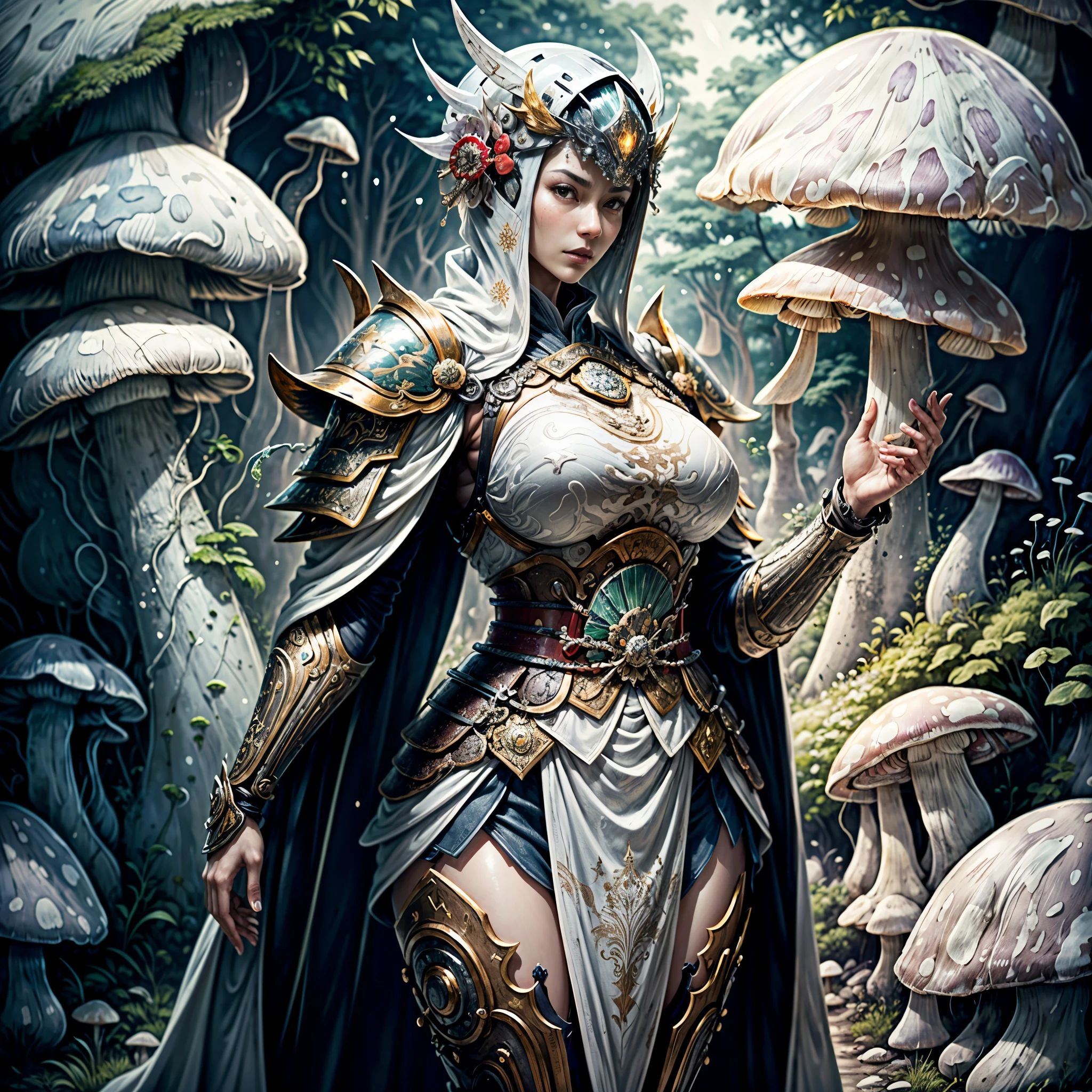 (best quality,4k,8k,highres,masterpiece:1.2),ultra-detailed,(realistic,photorealistic,photo-realistic:1.37), HDR,UHD,studio lighting,ultra-fine painting,sharp focus,physically-based rendering,extreme detail, onmyoji detailed art, 1woman, 30 years old, cyborg samurai, (dynamic pose), (show entire body), standing,wide angle, Dynamic angle and composition,chinese three kingdoms, (from sengoku period), add_detail:1, (she is wearing a beautiful samurai armor breastplate made of white marble:1.6), (cyber japan samurai armor), (fractal designs), clothed in old samurai uniform, (wearing kimono armor),WARFRAME, add_detail:1, (A fish-shaped white acrylic helmet covers her head and face:1.5), highly detailed clothes, (her clothes have zentangle details adorned with beautiful gems:1.37), (She is wearing a leaf-shaped flowing cape made of  cloth:1.5), Transparent petal-like cloth hangs from the woman's waist, pale purple hues, fantasy art, sci-fi, (concept art inspired by Kanō Hōgai), (Jean Giraud style: 1.2), moebius, psychedelic,fantasy00d, (Incredibly beautiful nature background with fungi:1.6), ethereal lighting, vibrant colors, intricate details, (surreal landscape), otherworldly creatures, mesmerizing pattern, intricate helmet design, cosmic ambiance, dreamlike atmosphere, (mythical creatures), surrealistic composition, organic shapes, full body wuxia, from sengoku period