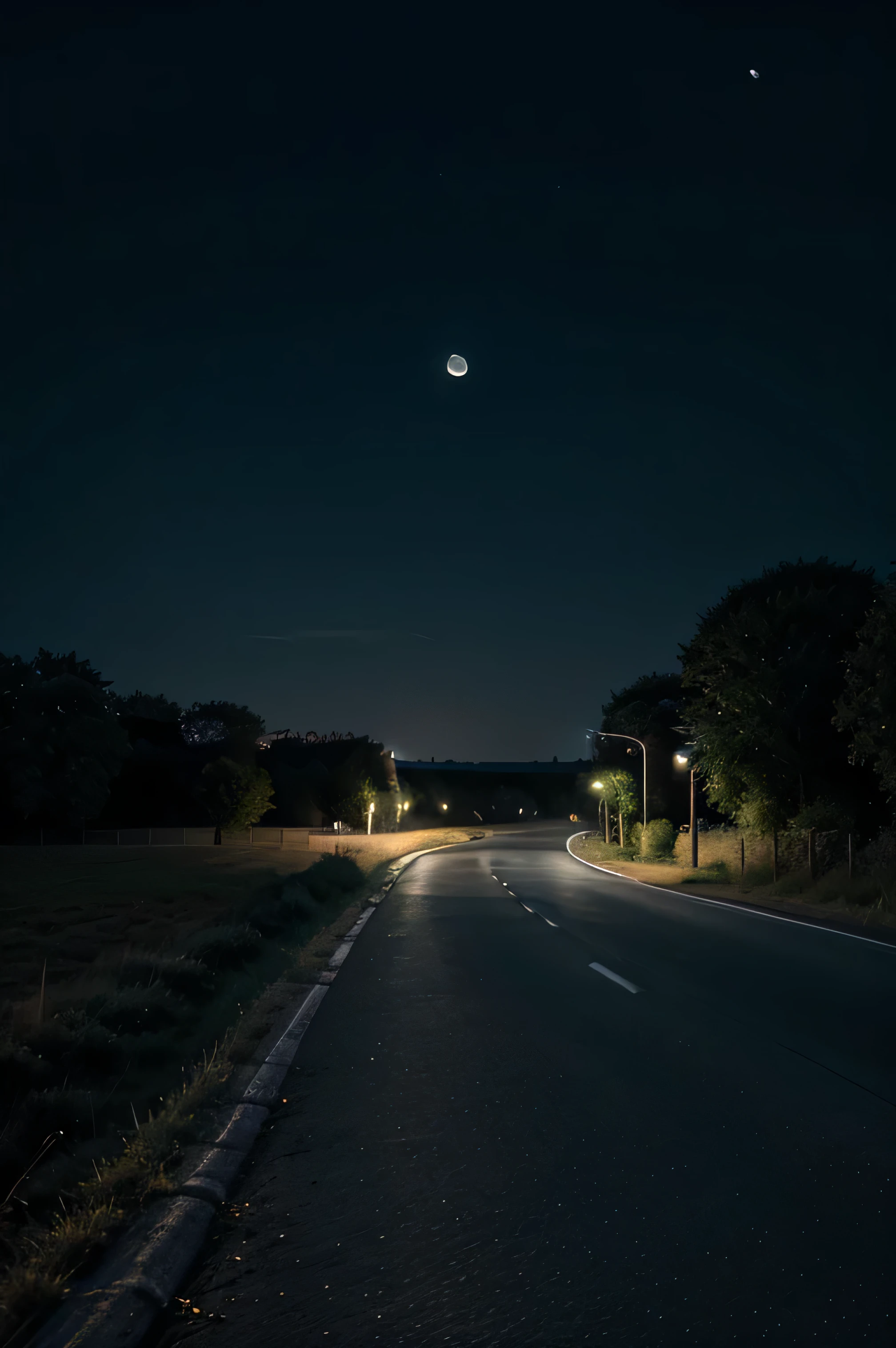 there is a road that is next to a field with a full moon, street moon landscape, night photography, night time photography, night time photograph, photography at night, scenic view at night, night scenery, night sky photography, night time footage, night photo, at night with moon light, moonlit night dreamy atmosphere, nighttime photography, walking towards the full moon