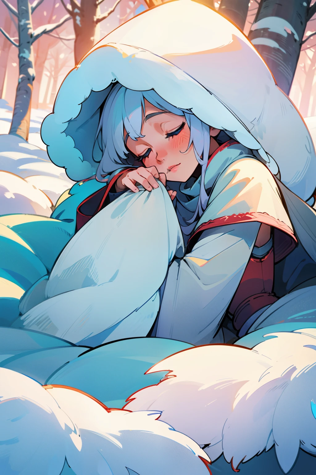 In the heart of an enchanted winter forest, beneath the canopy of a towering white birch tree, lies a sleeping white chat. Draped in a coat of pristine, untouched snow, her fragile form is half-hidden in the crimson-tinted foliage. With gentle features and an air of tranquility, she embodies the pure, untainted essence of winter's magic.
Her white fur shines in the soft, ethereal glow of the moonlight, her tiny paws twitching intermittently, as if dreaming of a world beyond her wintry slumber. Her large, captivating eyes are closed, revealing the delicate