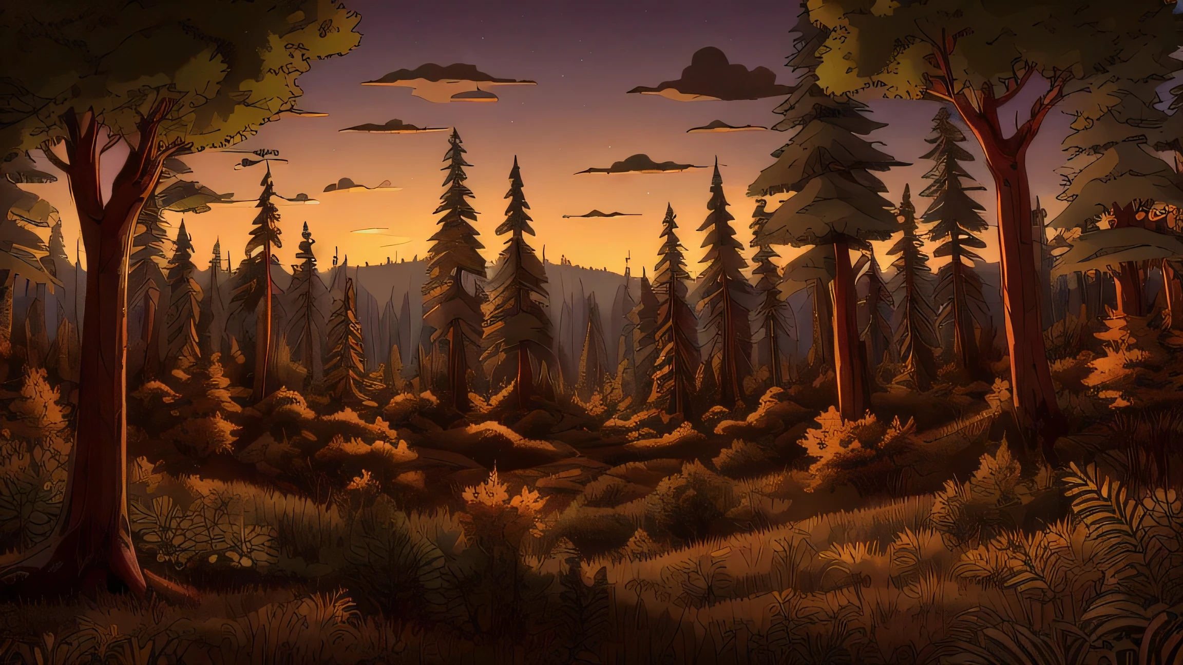 3d cartoon forest, late evening, golden hour, highest quality, darker tone, masterpiece, 8k uhd, no people
