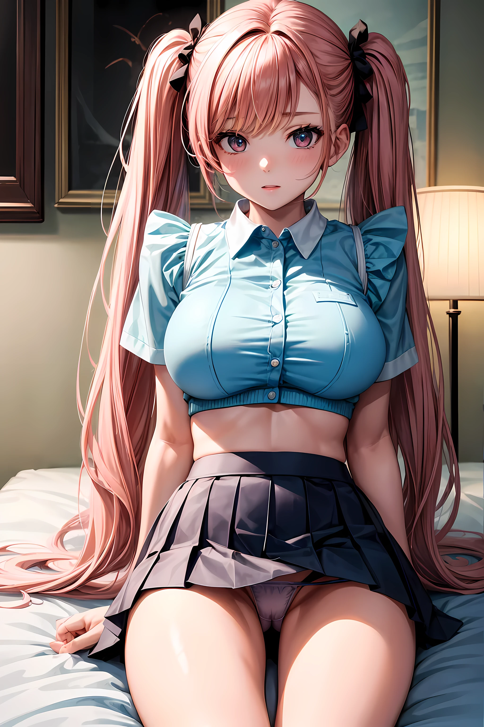 masterpiece,最high quality,high quality,4k,8K,High resolution,Full HD,20 year old beautiful girl,big bust,D cup,twin tails,uniform,mini skirt,thong shorts,On your back,M-shaped spread legs,on the bed,pastel colored room