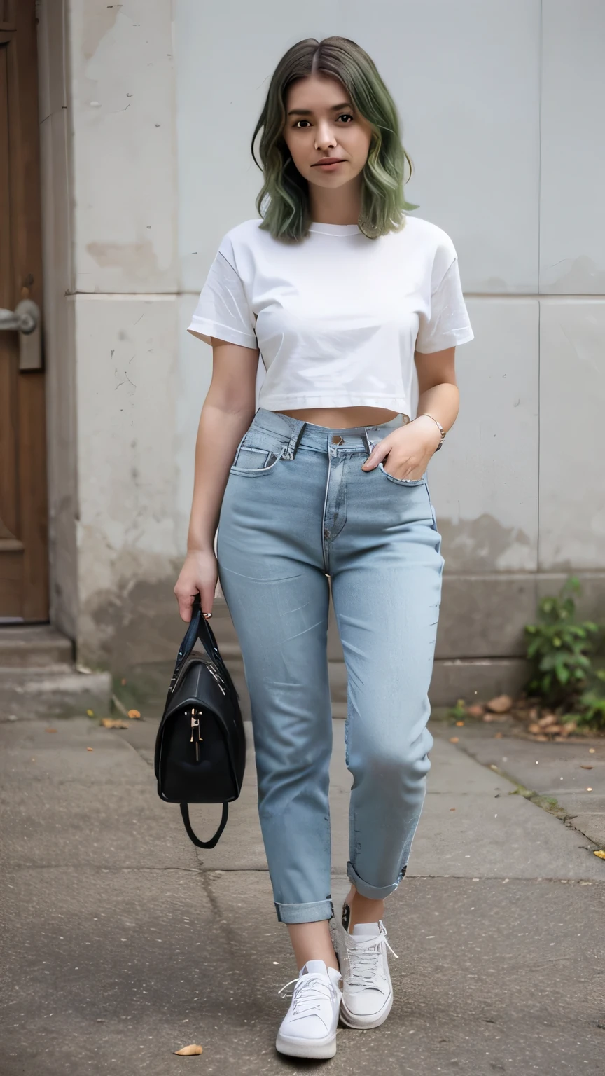 1girls, Nur, green Hair , 24 years old , A casual white t-shirt paired with high-waisted jeans and sneakers.