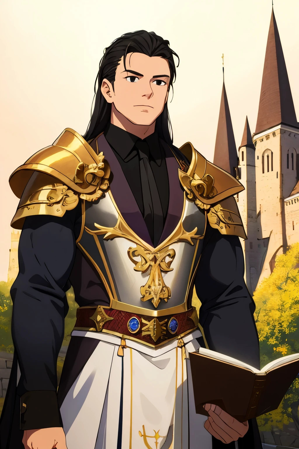 ((best quality)), ((masterpiece)), (detailed),1man, black eyes, long black hair, black tie, white armor, spell book and great sword, muscular, Bow on Back, not Hansome, castle background, 65 year old,