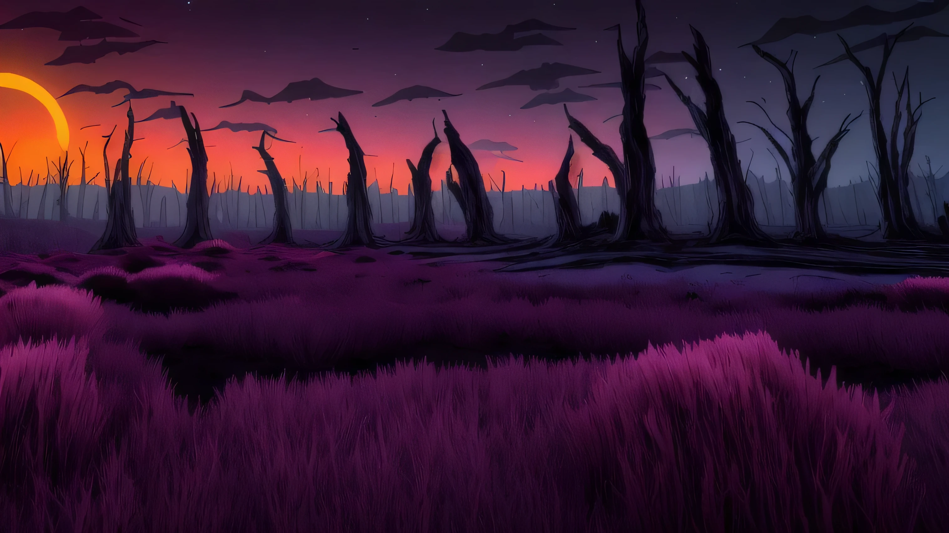 alien plenetscape, eerie, blue, purple, magenta tones,   8k uhd, no people