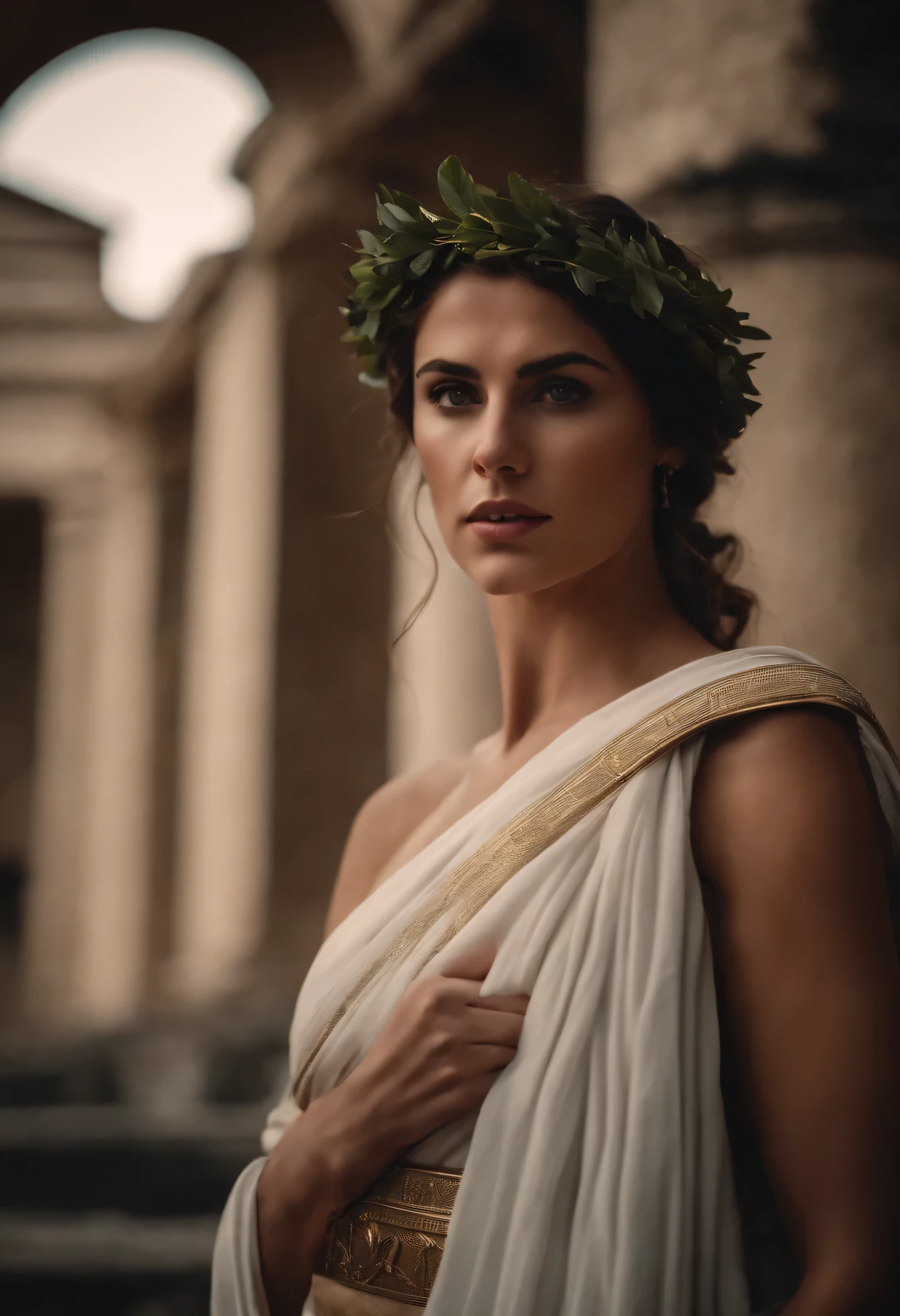 greek beautiful woman at greek temple, toga and laurel wreath
