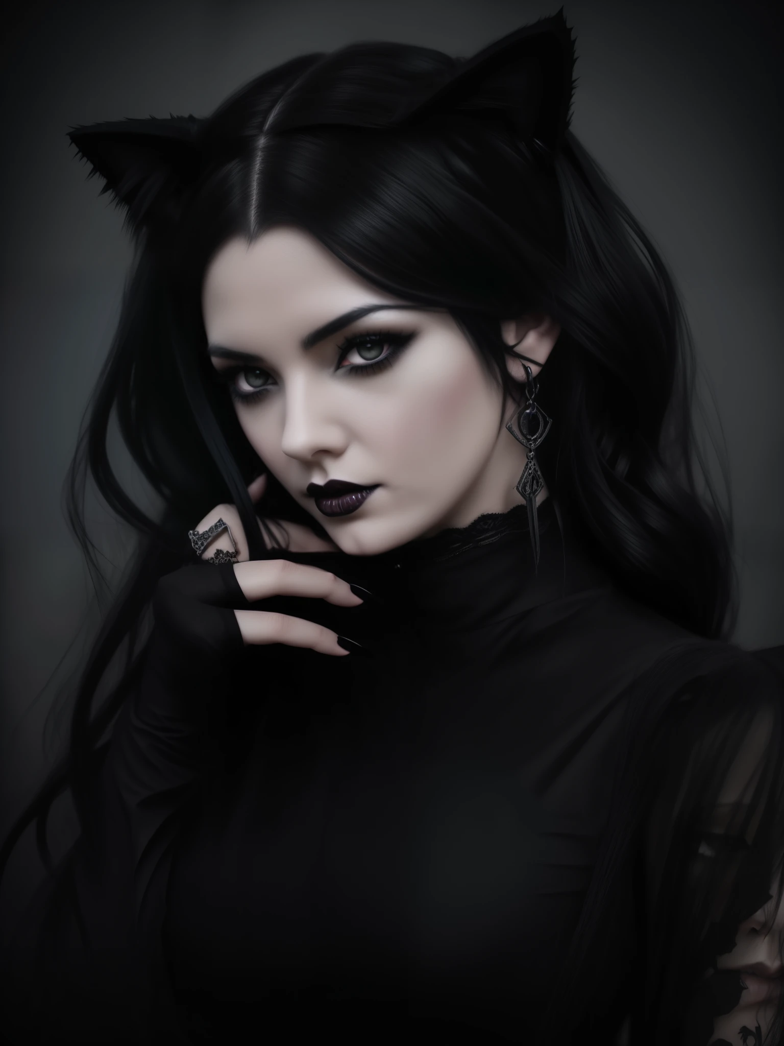 a drawing of a woman with black hair and cat ears, goth girl aesthetic, gothic aesthetic, with haunted eyes and dark hair, ominous gothic aesthetic, style of charlie bowater, dark art style, goth aesthetic, dark and horror style, dark fantasy style art, dark illustration, 1 7 - year - old anime goth girl, in the art style of bowater