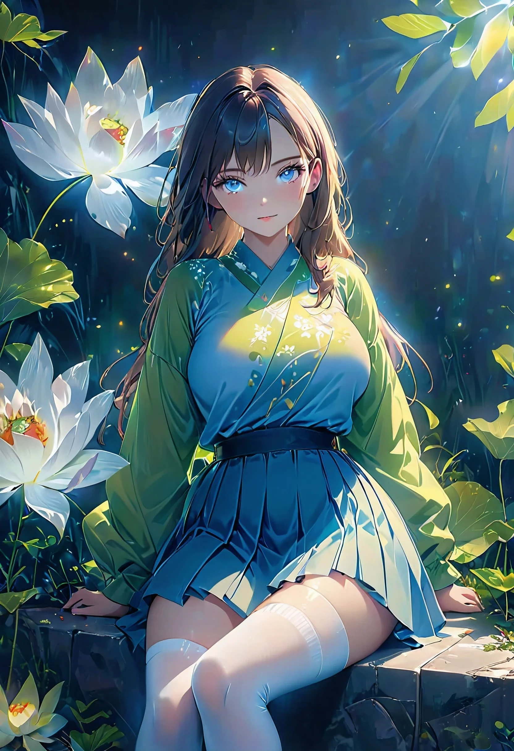 ultra realistic 8k cg, picture-perfect face, irreproachable, clean, masterpiece, professional artwork, famous works of art, perfect face, Beautiful face, beautiful eyes, ((Ideal female body)), One,(exciting atmosphere, chiaroscuro:1.5,bright light:1.2,glowing lighting)
,,(blush:0.5),seductive facial expression,extremely detailed_eyes,thick thighs,big breasts,
beautifully detailed background,depth of field,realistic:1.3, distant plan,1 girl,shirt,pleated skirt, , is sitting, whole body,
(ambient light:1.3),(cinematic composition:1.3),(Neon lamps:0.1),(HDR:0.1),Accent lighting, White tights,