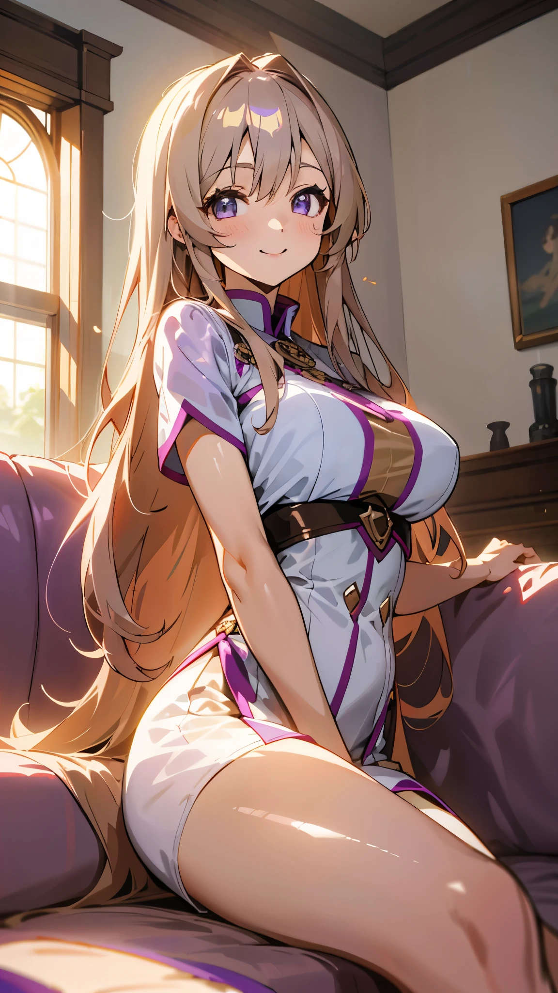 1 girl、anime style、美しい light brown hair、beautiful purple beautiful eyes、long hair、transparent hair、translucent hair、big and full breasts、smile、expression of strong pleasure、Western-style room、sofa、morning、Lens flare、shiny, Glossy skin、sexy costume