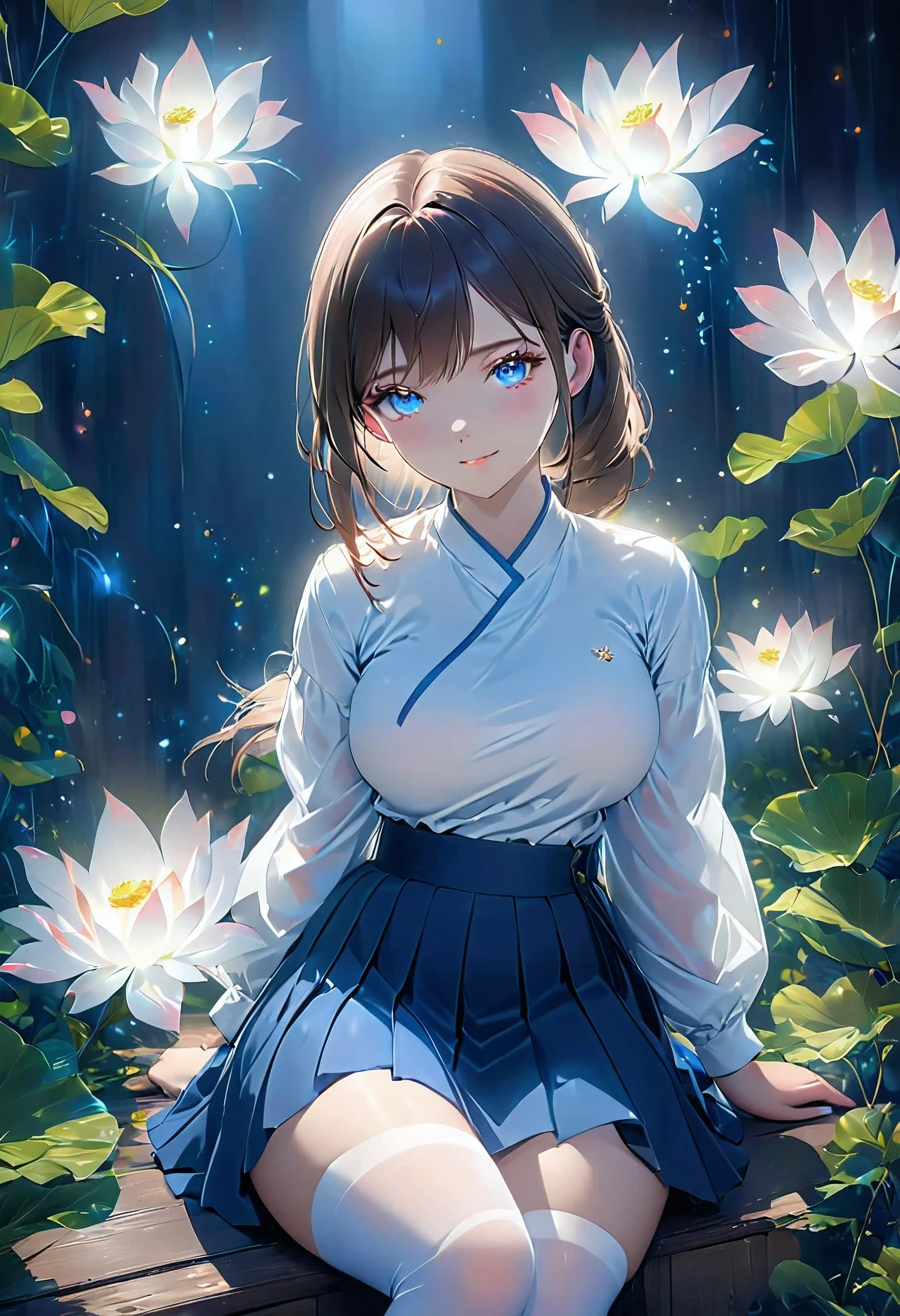 ultra realistic 8k cg, picture-perfect face, irreproachable, clean, masterpiece, professional artwork, famous works of art, perfect face, Beautiful face, beautiful eyes, ((Ideal female body)), One,(exciting atmosphere, chiaroscuro:1.5,bright light:1.2,glowing lighting)
,,(blush:0.5),seductive facial expression,extremely detailed_eyes,thick thighs,big breasts,
beautifully detailed background,depth of field,realistic:1.3, distant plan,1 girl,shirt,pleated skirt, , is sitting, whole body,
(ambient light:1.3),(cinematic composition:1.3),(Neon lamps:0.1),(HDR:0.1),Accent lighting, White tights,