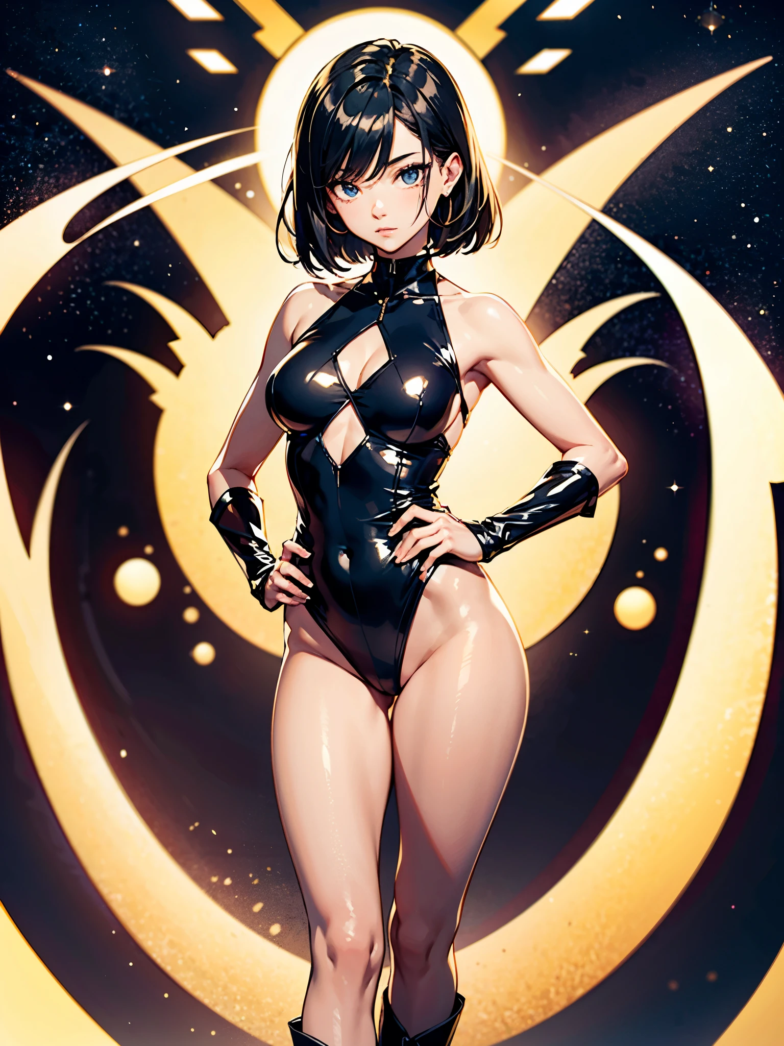 (((pixel-perfect, detail-perfect))), 1girl, superhero, leotard, highleg leotard, bare legs, boots, standing straight, solo focus, golden belt, hands on hip, full body shot, outer space, sleeveless, ultra highres, absurdres, beautiful face, detailed eyes, symmetric eyes, perfect body, good proportions, mature lady, black hair, medium hair, light swirls around her body