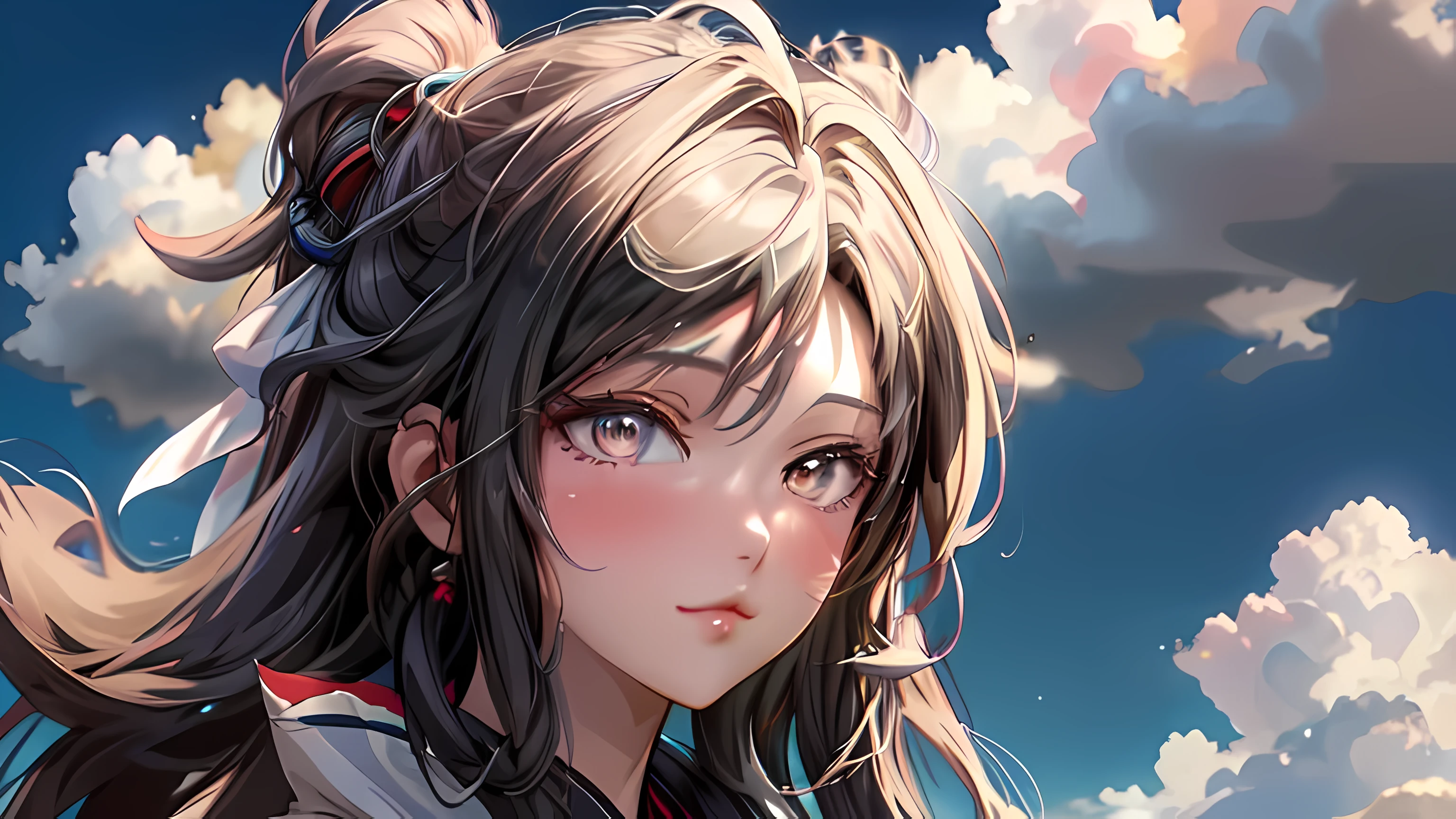 ((Best quality)), ((Meisterwerk)), (detailliert), perfektes Gesicht, hot sexy cute anime girl, Long white hair, clouds, andere dimension, ultra details, nice background, extreme beauty, schmuck, desire, destiny, love,