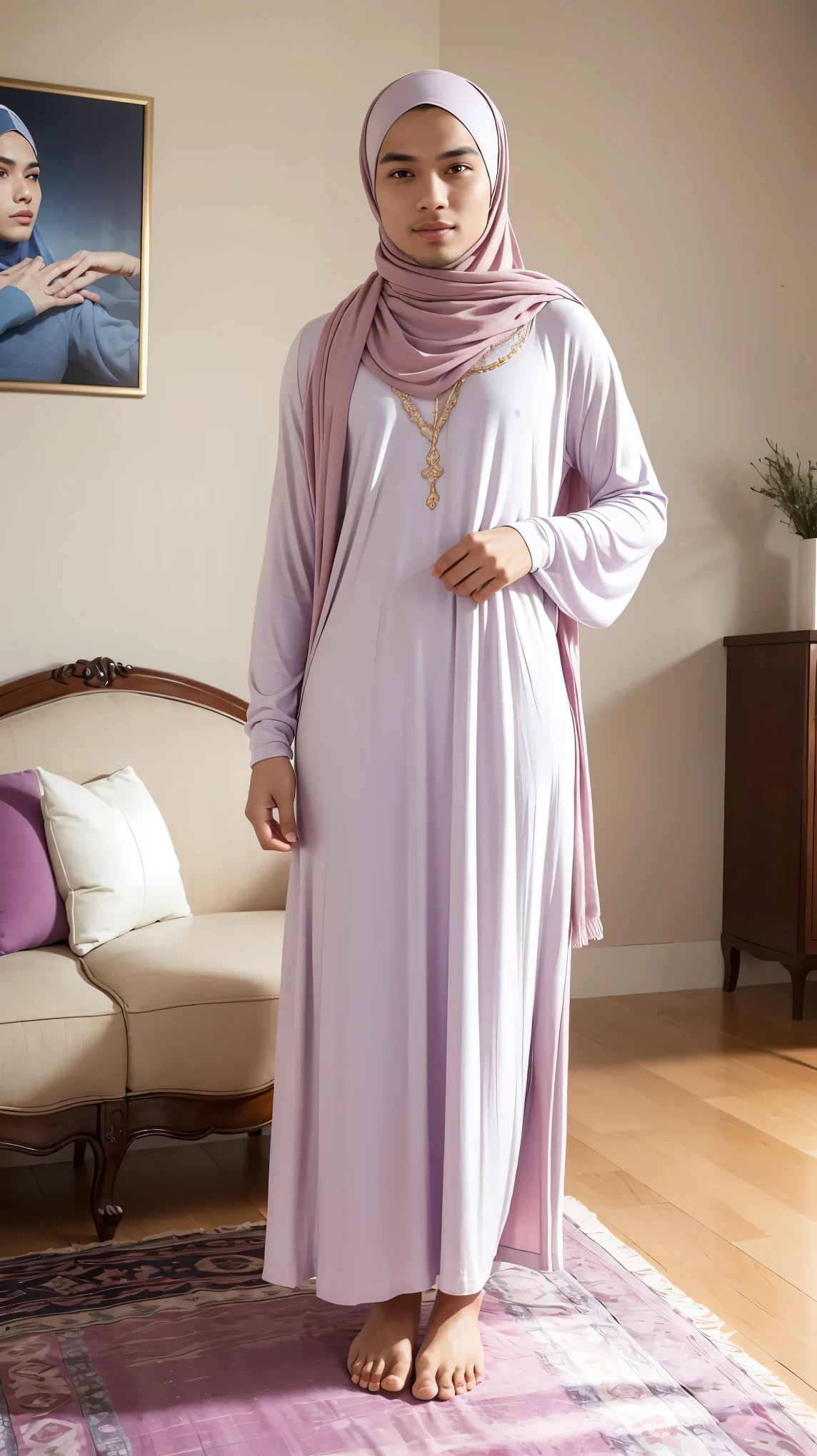 RAW, Best quality, high resolution, (masterpiece: 1.3), full body image, cute Indonesian man in hijab, Masterpiece, average man body, young man face, cute man face, bright skin, fair skin, cute eyes, graceful smile, soft smile, light make up, muslim man in hijab standing in the living room, feminine gesture, graceful expression, body facing viewer, looking to viewer, wearing full soft purple hijab, shawl, perfect hijab, wearing White knitted long housedress, knitted housedress, wearing house slippers, beautiful in cute pastel shades, beautiful in pastel shades, cleaning in living room, at noon, Great lighting, great sunlight, Bright colors, Ultra realistic clean lines, very realistic