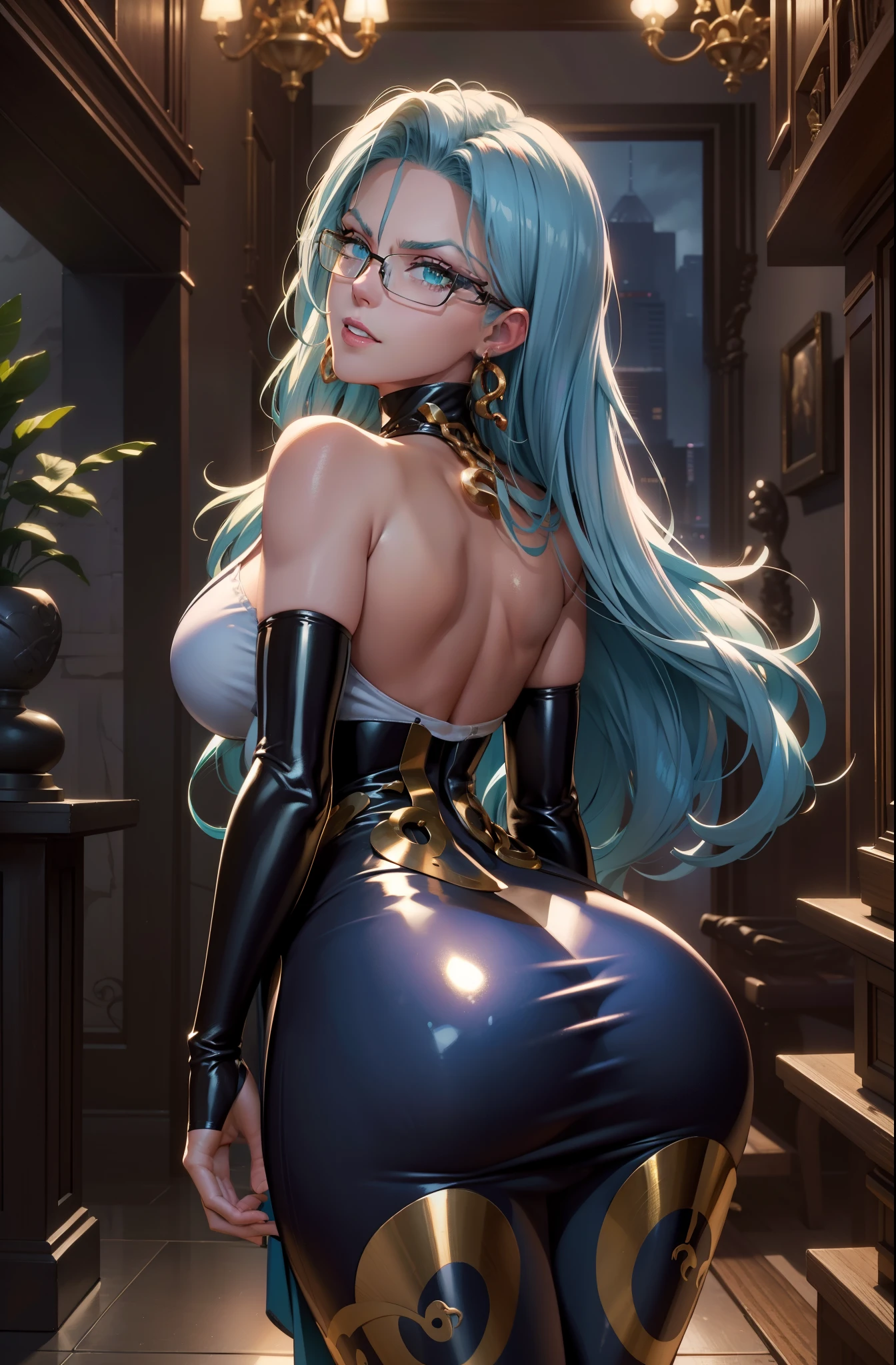 arafed woman in latex posing in a room with a staircase, extremely detailed artgerm, style artgerm, 8k high quality detailed art, succubus in tight short dress, wlop glossy skin, cutesexyrobutts, fanart best artstation, realistic shaded perfect body, deviantart artstation cgscosiety, rendered in sfm, masterpiece, best quality, psykos, aqua hair, glasses, earrings, white dress, underbust, bridal gauntlets, huge breasts, cowboy shot, looking at viewer, furrowed brow, grin, blue sky, clouds, cityscape