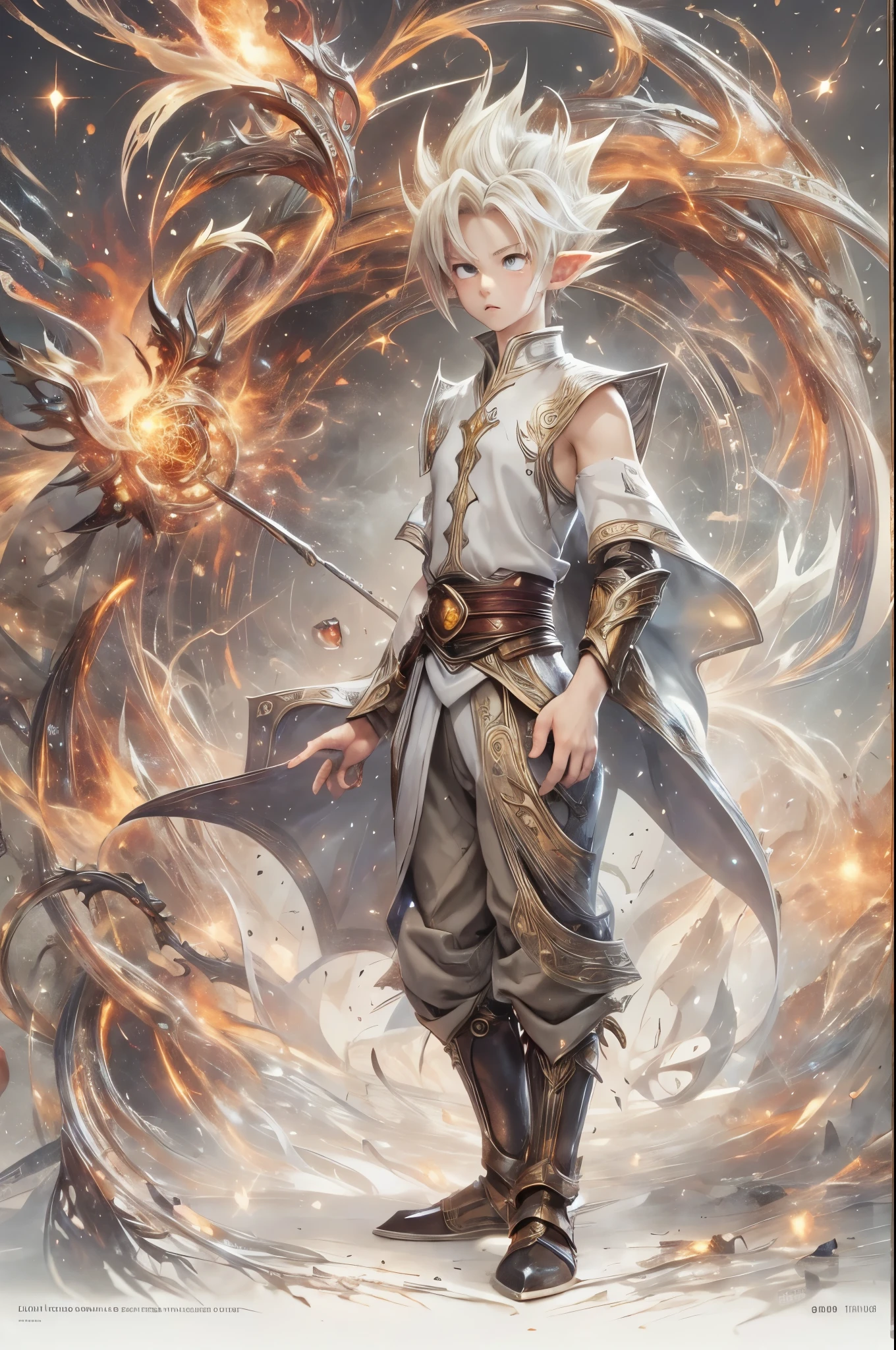 (master piece), 8k, best quality, panoramic view, full body, elf boy, childlike appearance, male, teenager, , 1.70 meters tall, white skin, thin body, pointed elf ears, beautiful finely detailed silver eyes, high forehead, spiky yellow blonde hair like Gohan from the anime dragon ball (super sayajin), incredibly handsome, conservative elven clothing, conservative posture, standing, calm appearance,