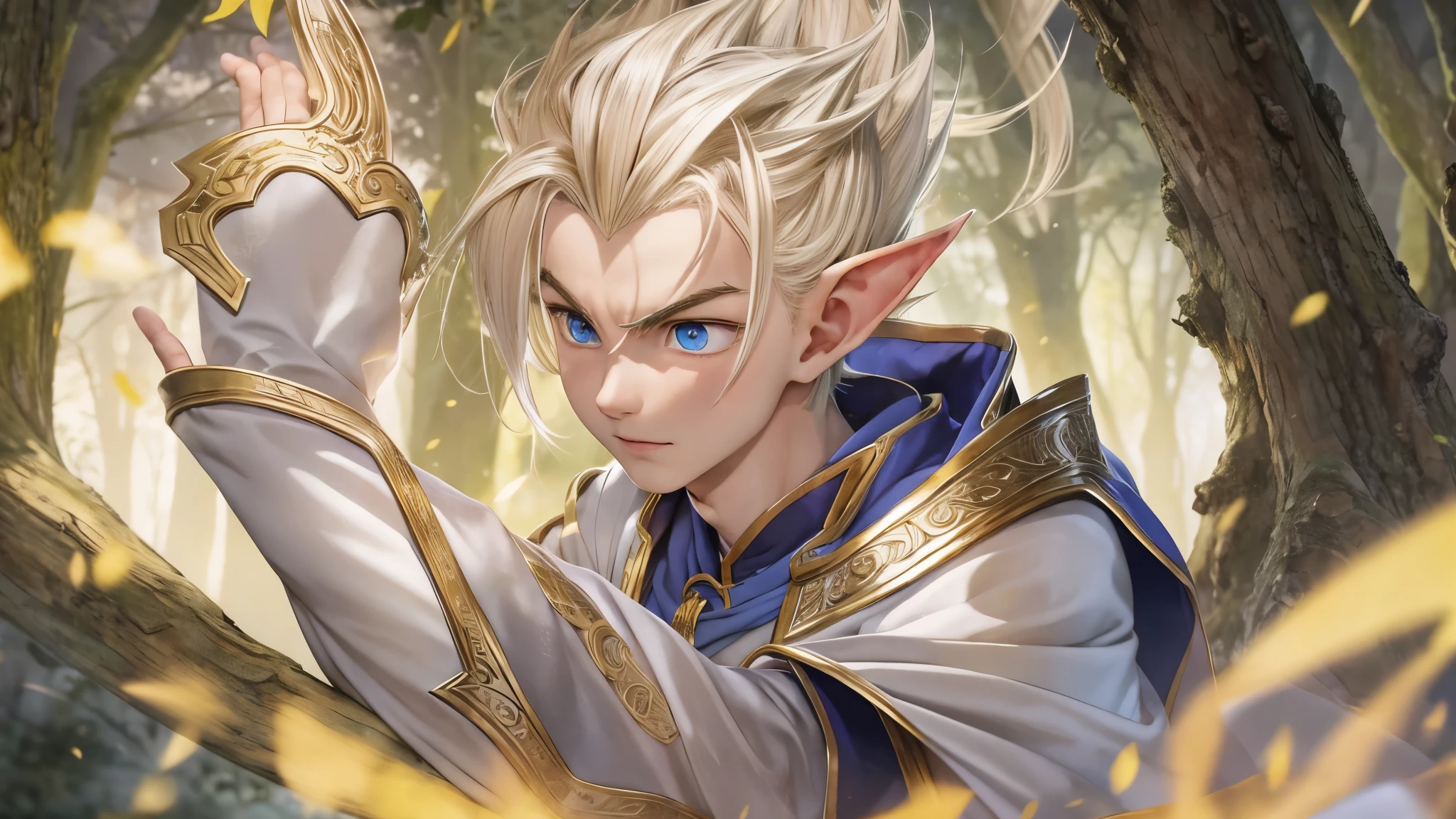 (master piece), 8k, best quality, elf boy, naïve, male, ager, 14 yite skin, thin body, pointed elf ears, beautiful finely detailed silver eyes, high forehead, yellow blonde spiky hair like Gohan from the anime dragon ball (super sayajin), Incredibly handsome, calm appearance, happy, conservative elven clothing, walking, in the enchanted forest, talking