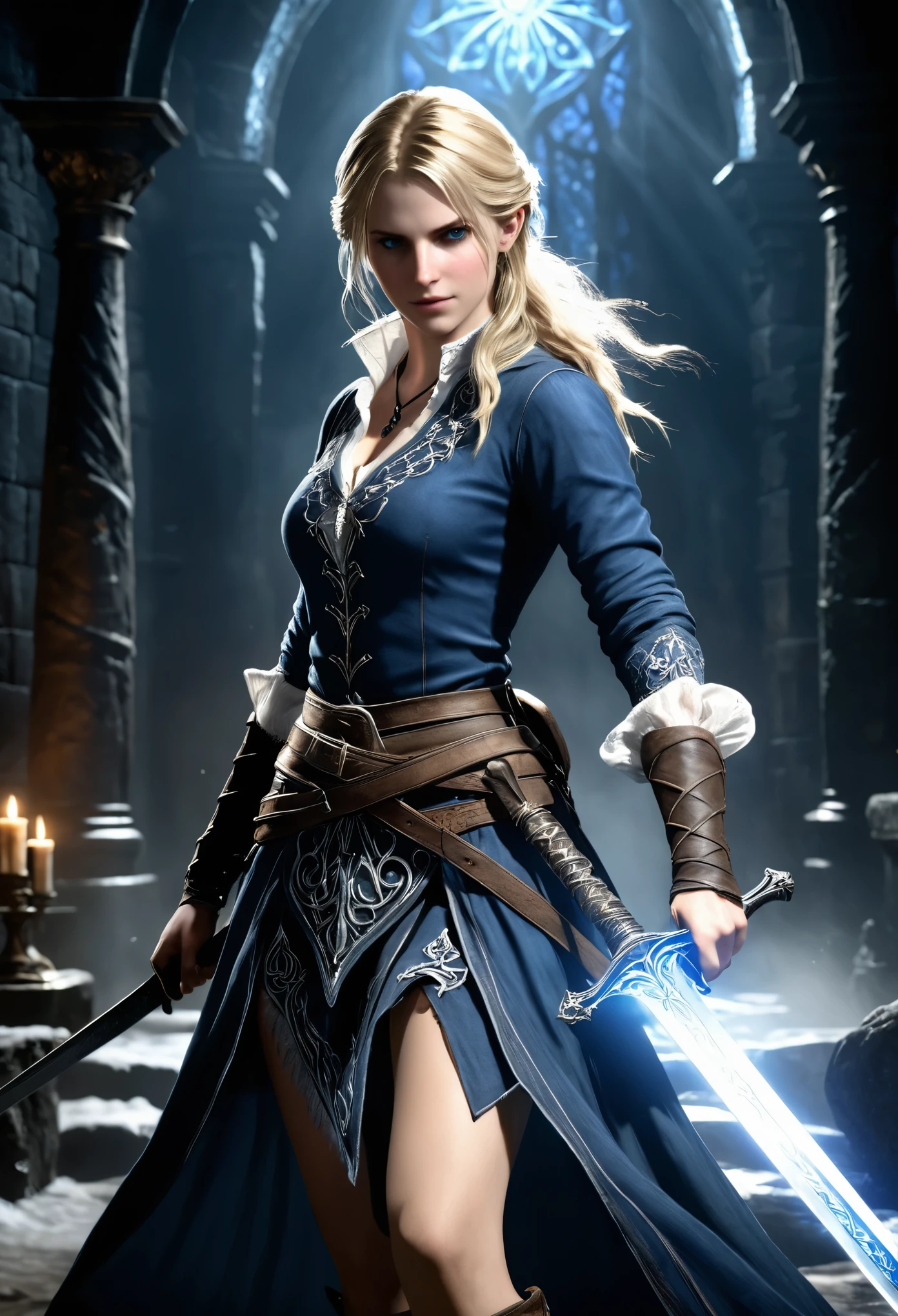 (Realisttic:1.2), Bloodborne ~ Dark Souls 3 ~ Elden Ring ~ ultra detailed, A Gorgeous blonde, dancing with the sword, in blue open shirt, black celtic pattern skirt, in dark cavern with ice and crystals elements, action pose, holding a sword. blushing, teasing, Alluring. highly stylized. depth of field, bokeh effect, backlit, stylish, elegant, breathtaking, visually rich, masterpiece full body shot.