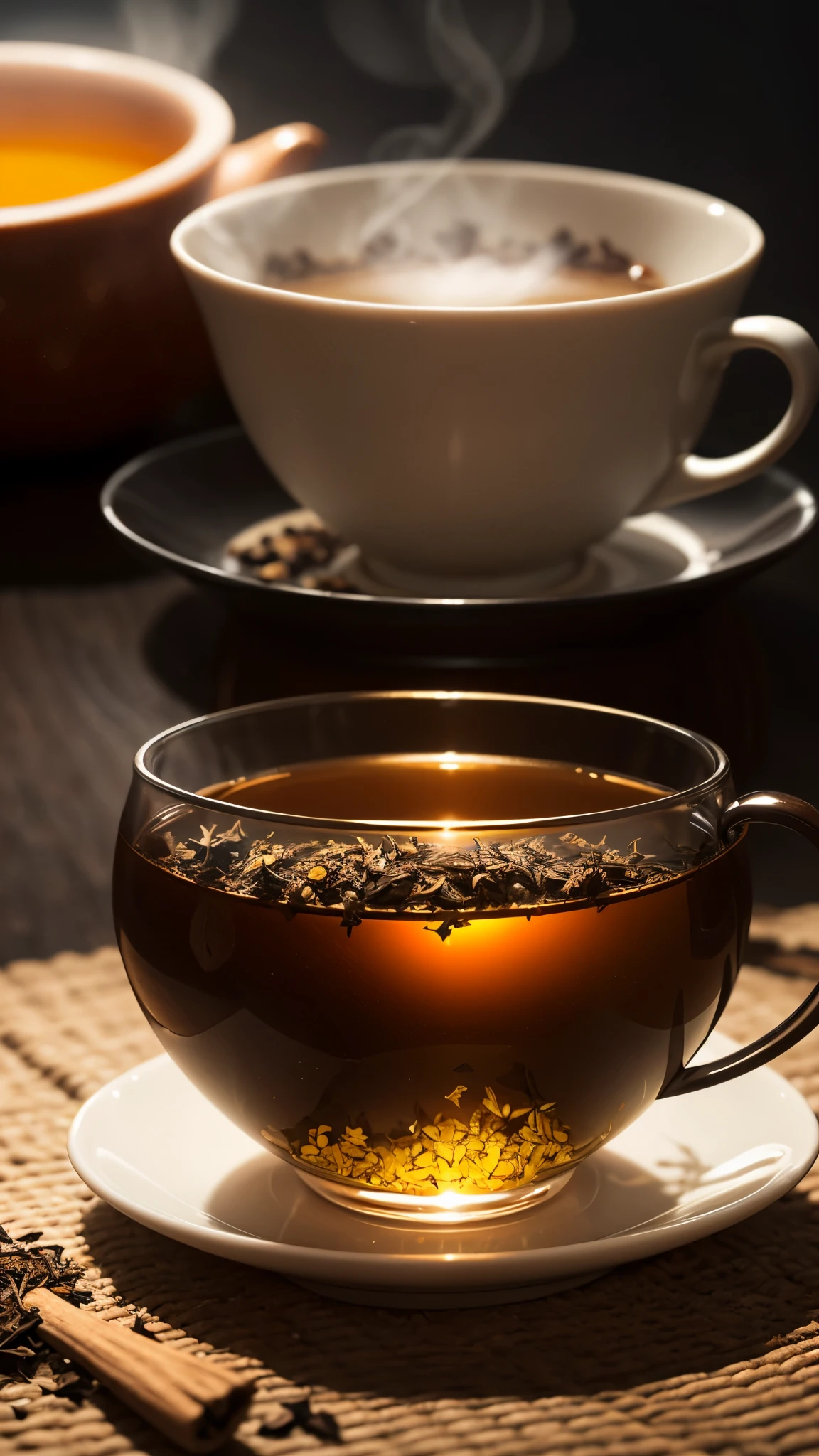 A cup of Pu-erh glass tea, very hot, seeds and tea leaves, the scene evokes the essence of a good tea, ray tracing, with bright light, bokeh in the background, highest quality, 4k