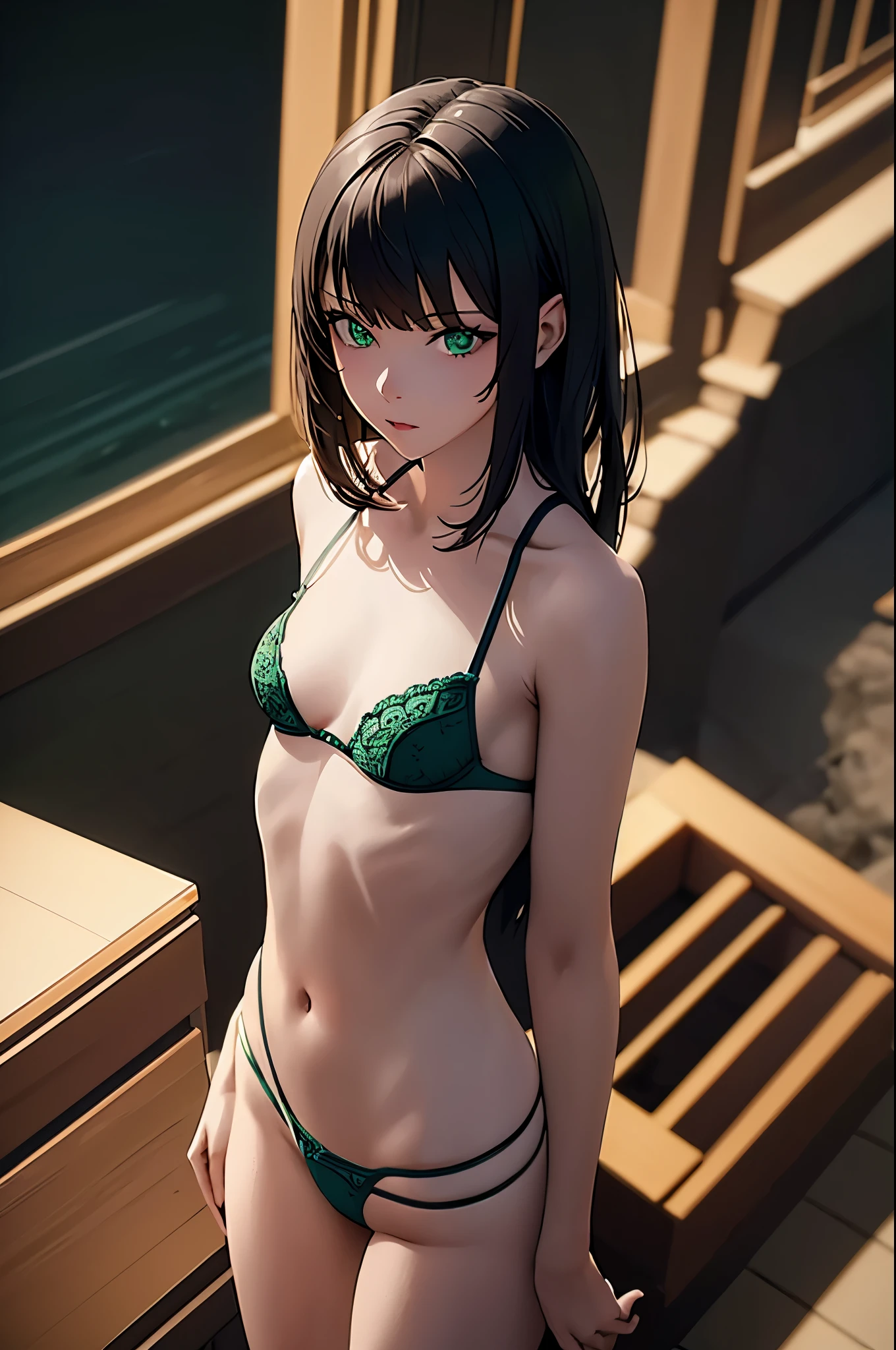 a sexy woman, (best quality), (masterpiece), (1girl), slim, anime, tall, (lingerie), (view from above), (green eyes), (flat chested)
