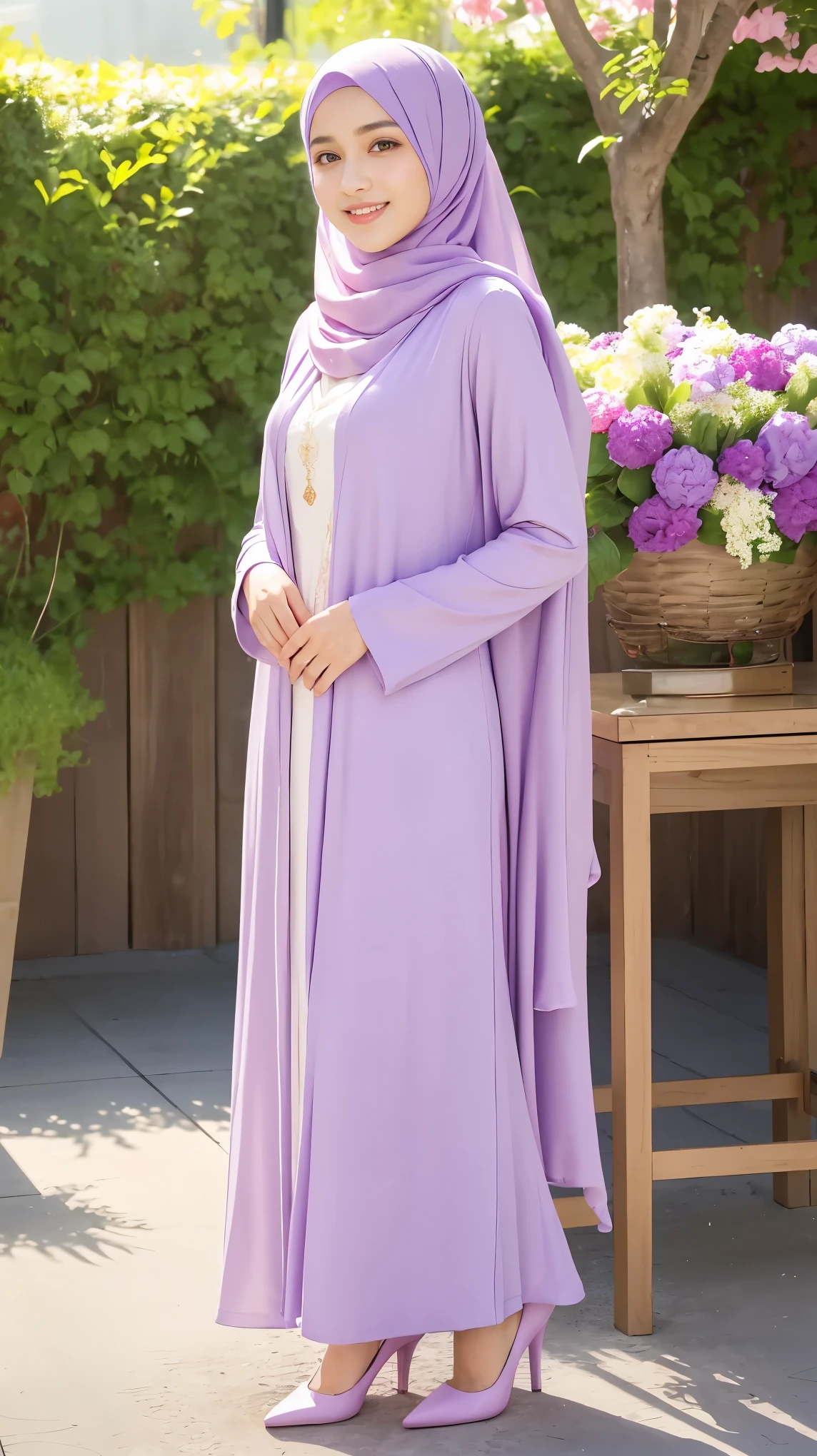 RAW, Best quality, high resolution, (masterpiece: 1.3), full body image, cute Indonesian man in hijab, Masterpiece, average man body, young man face, cute man face, bright skin, fair skin, cute eyes, graceful smile, soft smile, light make up, muslim man in hijab standing in front of florist, feminine gesture, graceful expression, body facing viewer, looking to viewer, wearing full soft purple hijab, shawl, perfect hijab, wearing White abaya dress, pretty dress, wearing lilac cardigan, perfect cardigan, wearing purple heels, wearing pink purse, beautiful in cute pastel shades, beautiful in pastel shades, purse on left shoulder, at noon, Great lighting, great sunlight, Bright colors, Ultra realistic clean lines, very realistic
