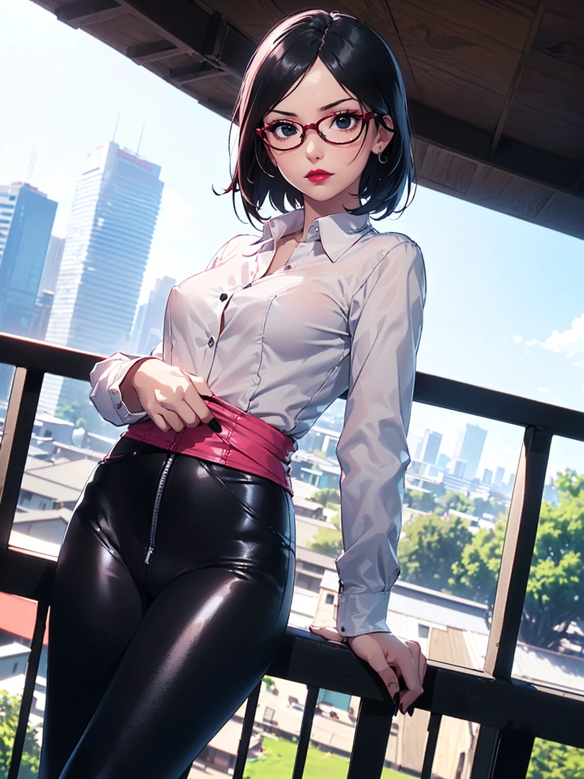 (1girl, solo, alone), (WakatsukiRisa, Sarada Uchiha, black hair, short hair, black eyes, red glasses), ((solo, (1woman, pink lipstick, (small breasts), black eyes), Extremely detailed, ambient soft lighting, 4k, perfect eyes, a perfect face, perfect lighting, a 1girl)), austere, ((black leather pants, (high heels, ((wool blouse, wool pink blouse, long sleeve blouse, pink wool blouse))), black leggings, leather pants, black pants, tight clothes, shiny leather, leather, leathery, farm, balcony, leaning on a balcony, leaning on the railing, leaning on the railing on a balcony, looking to the left, side perspective, admiring the landscape, farm background, pond))