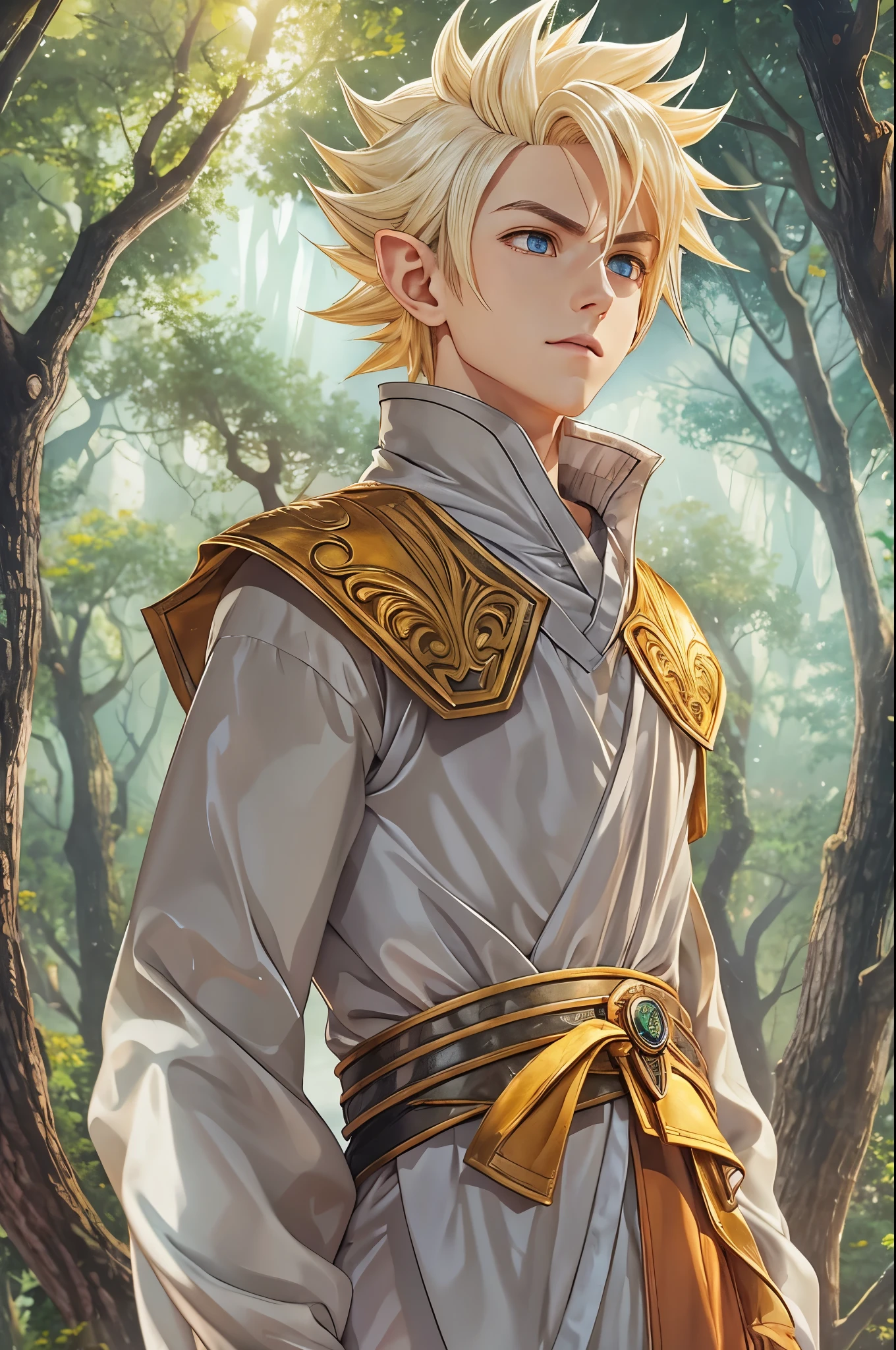 (master piece), 8k, best quality, panoramic view, full body, elf boy, naïve, male, teenager, 14 years old, white skin, slim body, pointed elf ears, beautiful finely detailed silver eyes, high forehead, spiky yellow blonde hair like Gohan from the anime dragon ball (super sayajin), incredibly handsome, calm appearance, happy, conservative elven clothing, walking, in the enchanted forest, talking,