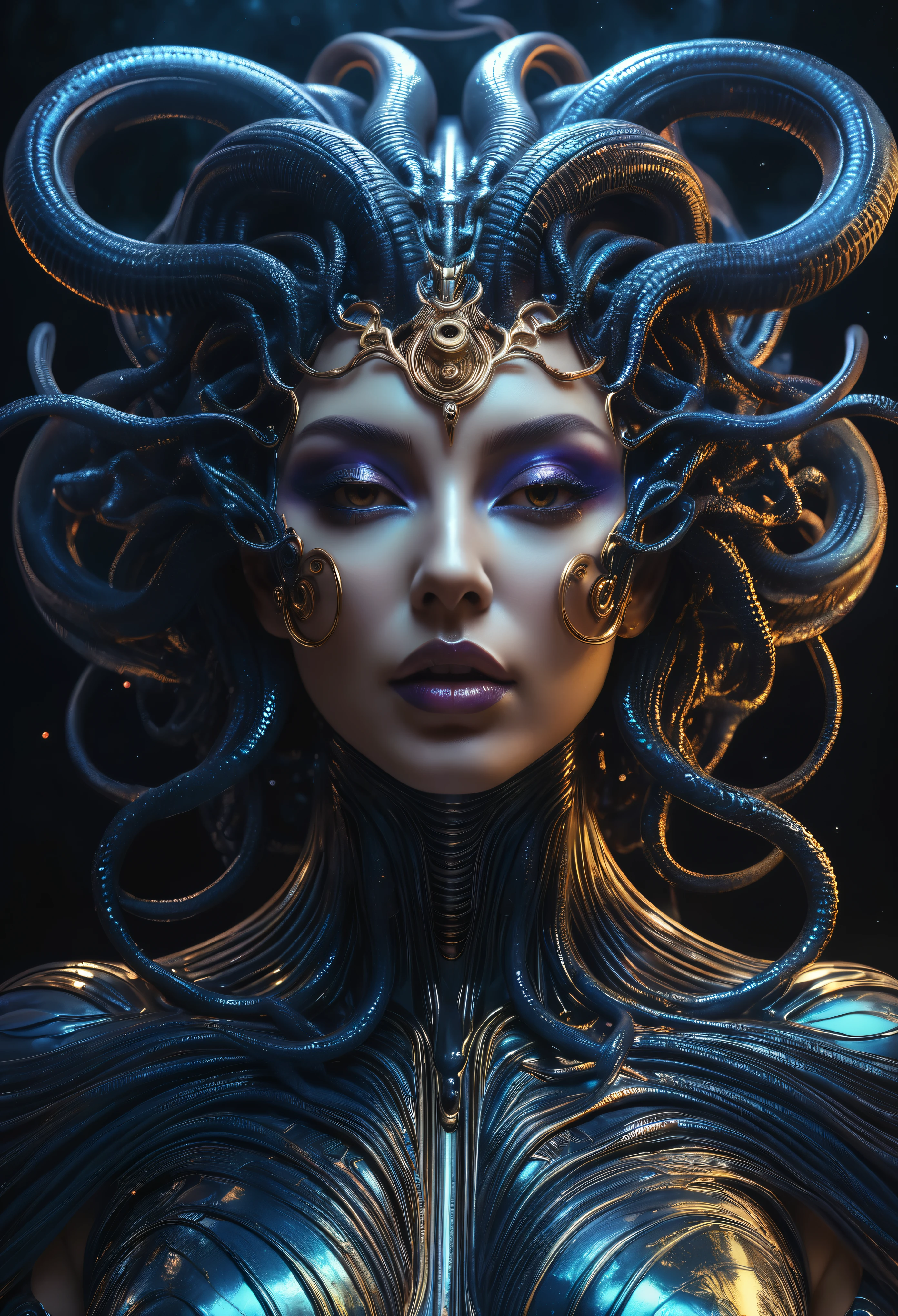 a beautiful medusa ,ultra detailed artistic photography, midnight aura, night sky, detailed gorgeous face, dreamy, glowing, backlit, glamour, glimmer, shadows, oil on canvas, brush strokes, smooth, ultra high definition, 8k, unreal engine 5, ultra sharp focus, art by alberto seveso, artgerm, loish, sf, intricate artwork masterpiece, ominous, matte painting movie poster, golden ratio, trending on cgsociety, intricate, epic, trending on artstation, by artgerm, h. r. giger and beksinski, highly detailed, vibrant, production cinematic character render, ultra high quality model