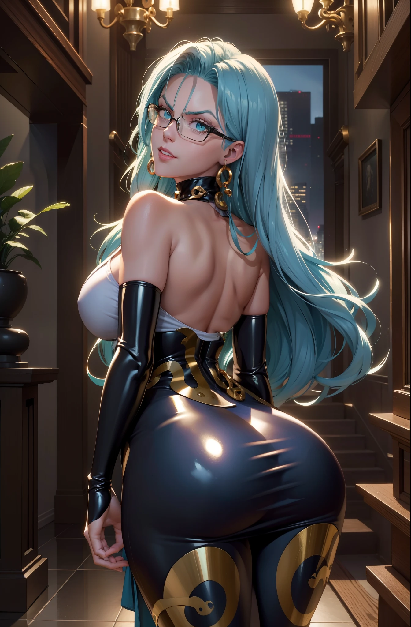 arafed woman in latex posing in a room with a staircase, extremely detailed artgerm, style artgerm, 8k high quality detailed art, succubus in tight short dress, wlop glossy skin, cutesexyrobutts, fanart best artstation, realistic shaded perfect body, deviantart artstation cgscosiety, rendered in sfm, masterpiece, best quality, psykos, aqua hair, glasses, earrings, white dress, underbust, bridal gauntlets, huge breasts, cowboy shot, looking at viewer, furrowed brow, grin, blue sky, clouds, cityscape