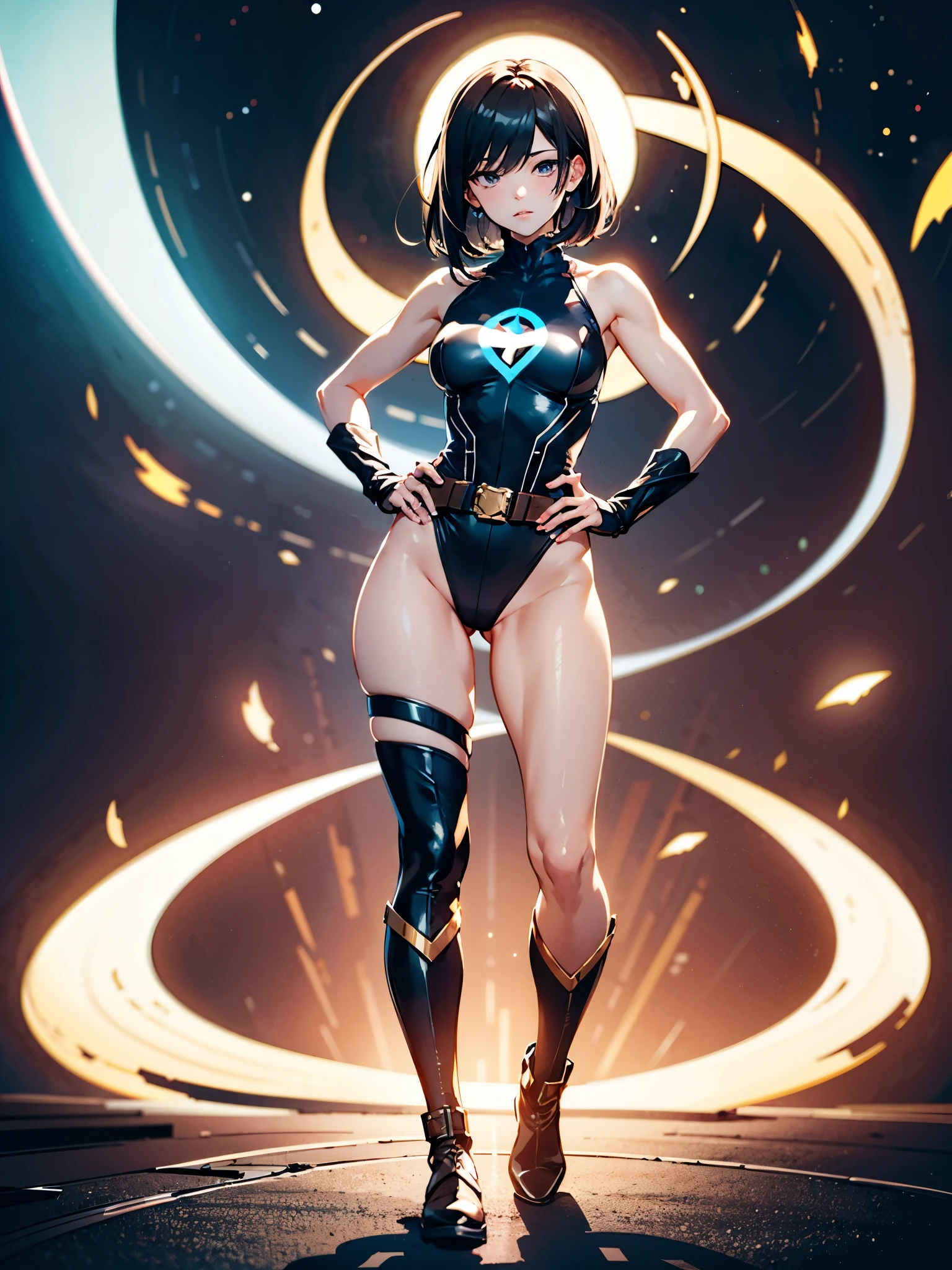 (((pixel-perfect, detail-perfect))), 1girl, superhero, leotard, highleg leotard, bare legs, boots, standing straight, solo focus, golden belt, hands on hip, full body shot, outer space, sleeveless, ultra highres, absurdres, beautiful face, detailed eyes, symmetric eyes, perfect body, good proportions, mature lady, black hair, medium hair, light swirls around her body, caucasian 