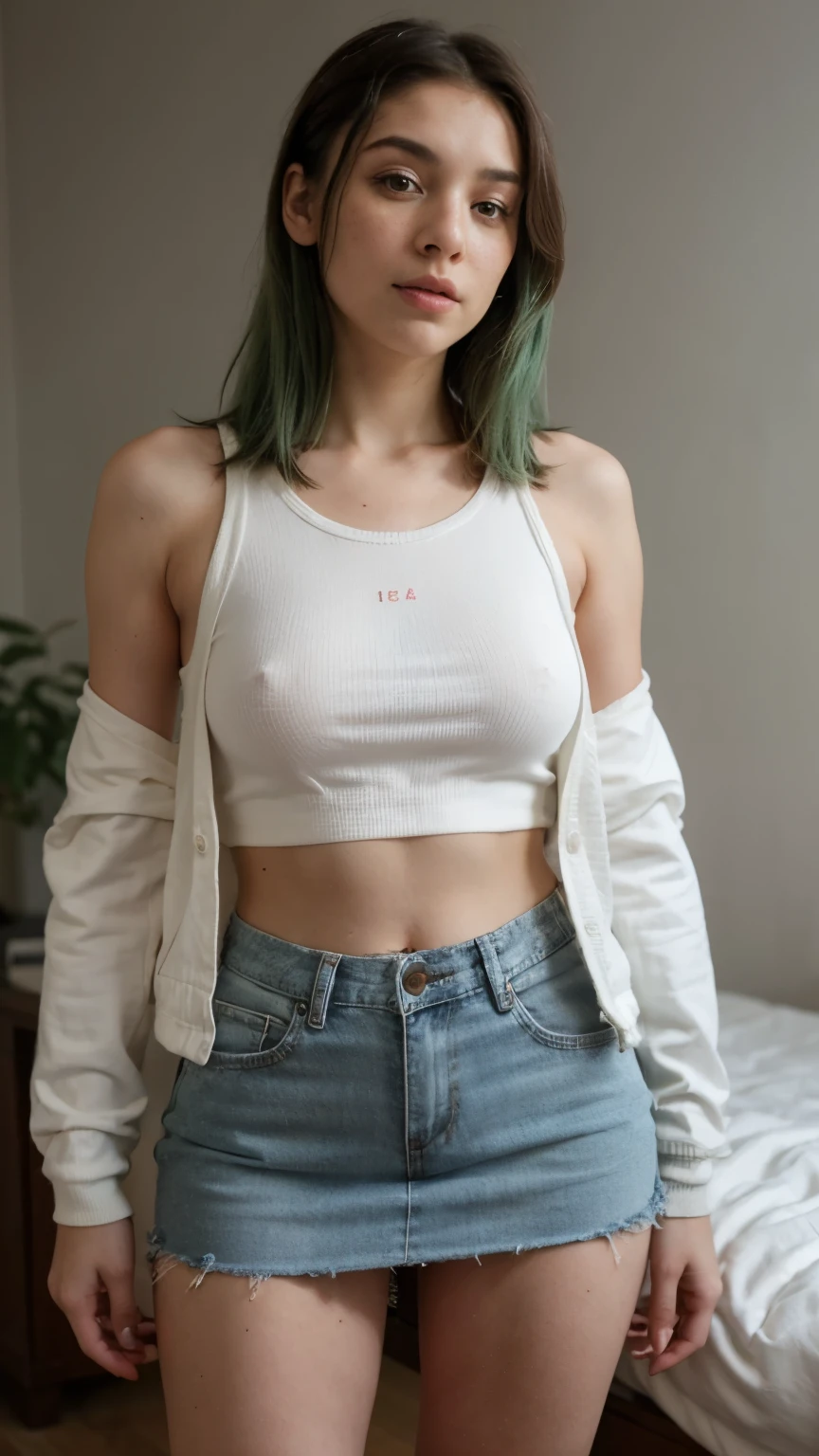 1girls, nur,green hair, beautiful woman , light freckles, standing with legs spread open, wearing a white skirt, denim jacket on top, black tank top inside, woolen knee length socks, slim body, fit, thick thighs, dreamy and romantic compositions