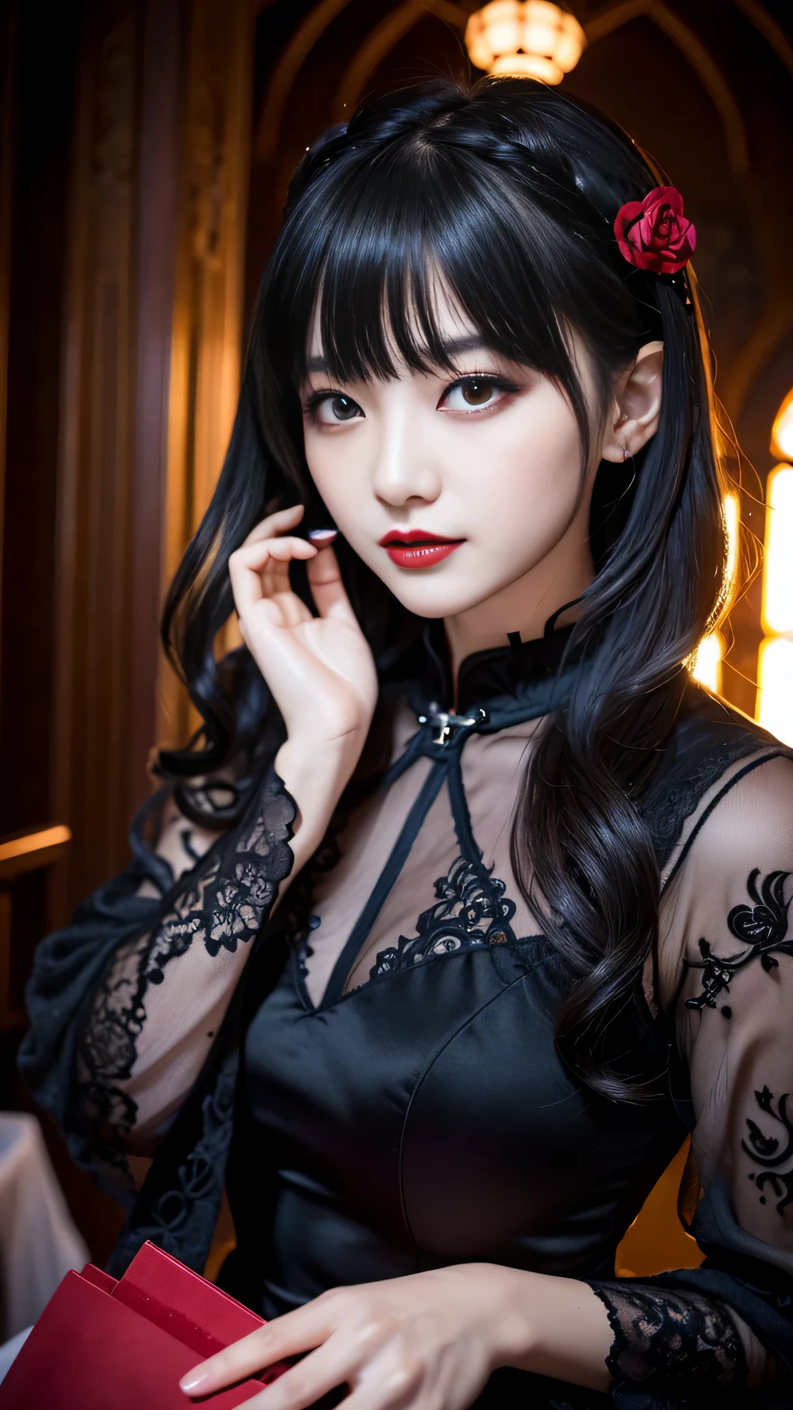 tra-detailed、Japanese、attractive beauty、seductive adult woman、pretty woman、piercing eyes、cool girl、wavy hair、swept bangs、Long Black and Gold Cheongsam、wide sleeves、Evil cadres、evil depravity、brainwash、mind control、lipstick、lip gloss、dark makeup、smirk、whisper in your ear、Evil expression、evil、hollow eyes,half-closed eyes、empty eyes、evil、church at night、vampire、succubus、vampire、Swear allegiance、sexy pose、hair ornaments、