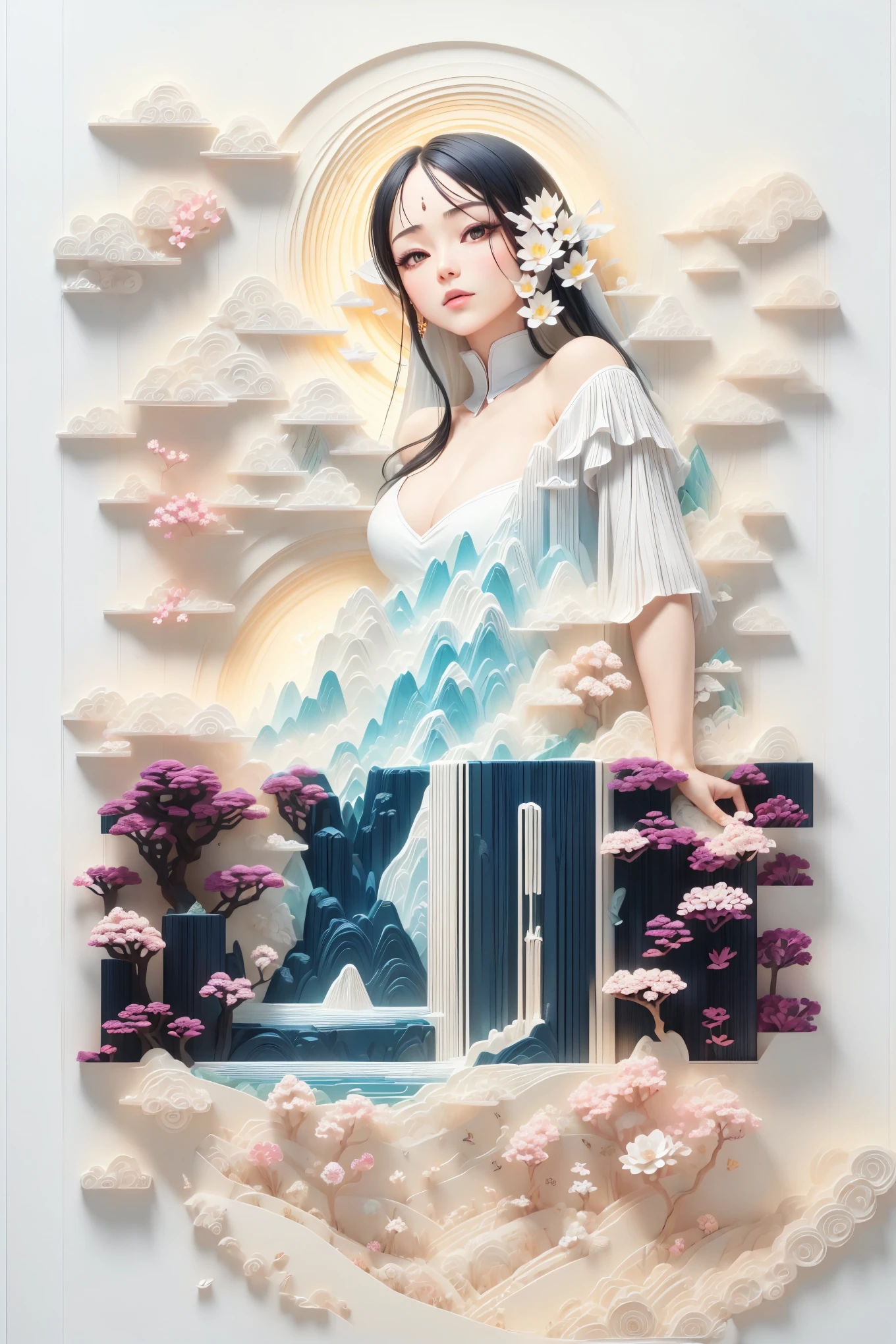 (Digital art,Paper cut:1.2)，Mountain, trees, river，flowers，lotus，1 girl, black hair, (Oriental elements, Chinese color, Advanced color matching),  (3D sculpture，Render by Octane，Volumetric light，natural soft light，), (Super exquisite:1.2, Loss of focus:1.2, Very colorful, movie lighting, chiaroscuro,Ray tracing), masterpiece, super rich,super detailed,8K