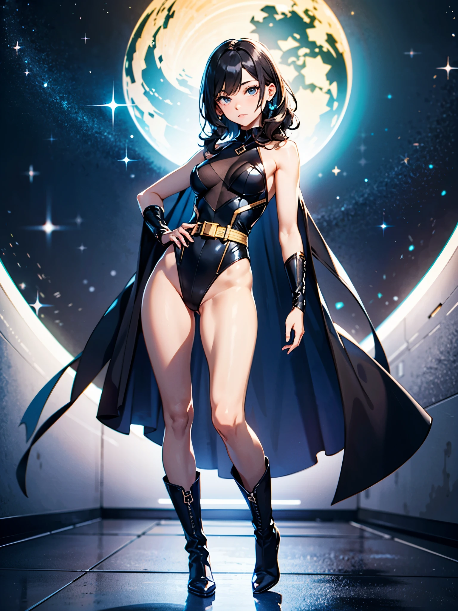 (((pixel-perfect, detail-perfect))), 1girl, superhero, leotard, highleg leotard, bare legs, boots, standing straight, solo focus, golden belt, hands on hip, full body shot, outer space, sleeveless, ultra highres, absurdres, beautiful face, detailed eyes, symmetric eyes, perfect body, good proportions, mature lady, black hair, wavy hair, medium hair, light swirls around her body, caucasian