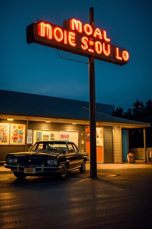 ((masterpiece, highest quality, best image quality, High resolution, realistic, Raw photo, 8K)), Rough motel with cars parked in front々nice view, with neon sign, Beautiful woman waiting for customers in front of a motel, lure, short dress and high heels, National Route 66, neon sign, Outside neon, neon advertising, gigantic neon sign, neon shop, At Ernie Swekel, few neon sign, neon sign in background,