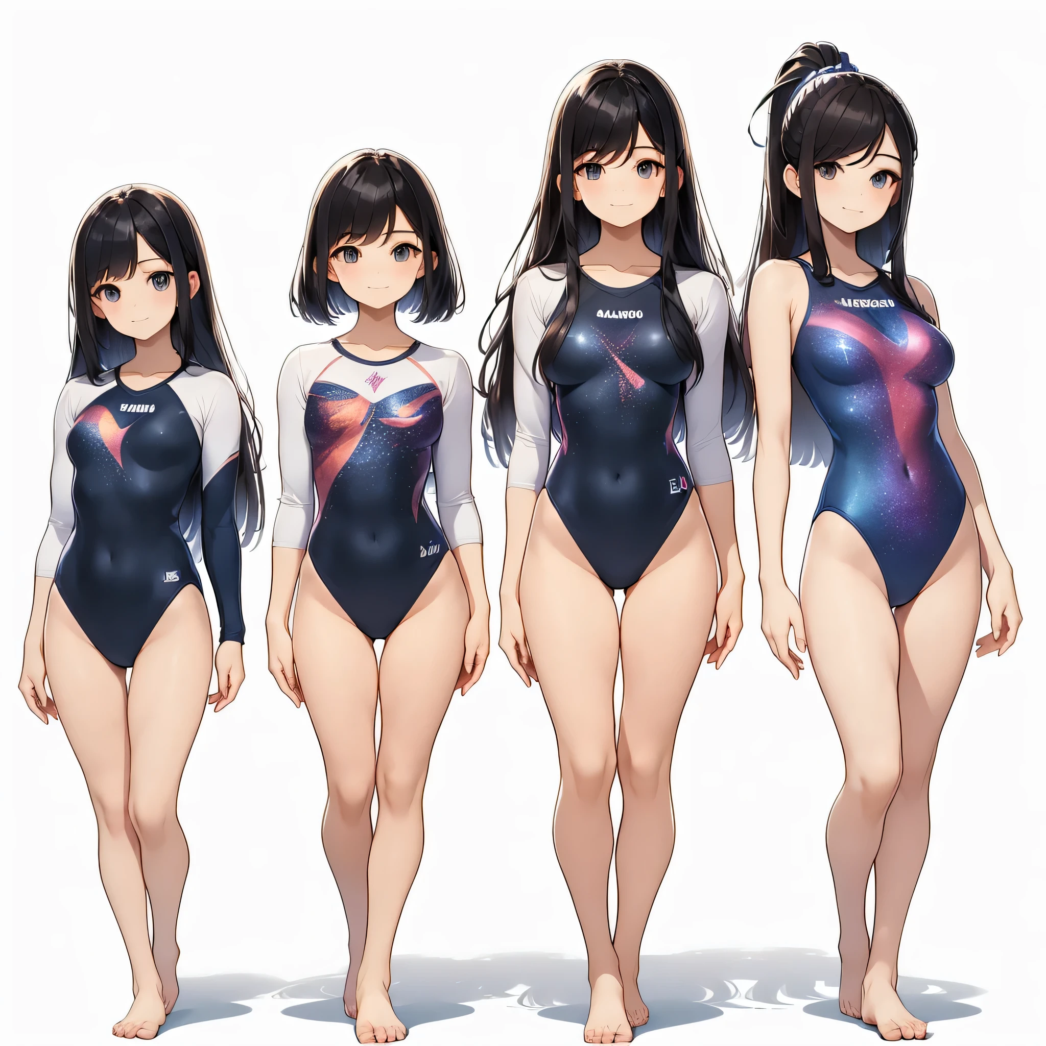 ((full body)),(masterpiece, best quality), (3 girls1.5) ,((Contrapposto:1.5)), looking at viewer, walking,((v_arms:1.2)), wearing gymnastics_longsleeves_leotard_outfit leotard:1.3),(blue leotard) ,(galaxy print:1.3), BREAK masterpiece black hair, ((long hair:1.2)), ((parted bangs:1.3)), black eyes, good hand, ((small breasts)), (over 20 years old, under 25 years old:1.2), , spotlight, happy, smile, BREAK in the class room