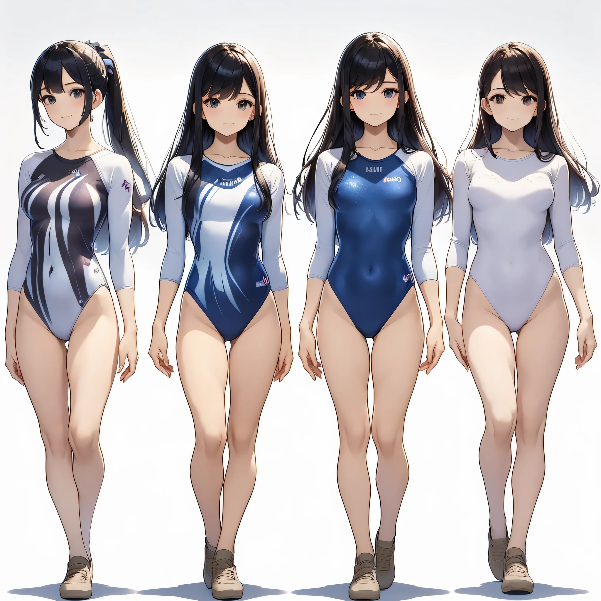 ((full body)),(masterpiece, best quality), (3 girls1.5) ,((Contrapposto:1.5)), looking at viewer, walking,((v_arms:1.2)), wearing gymnastics_longsleeves_leotard_outfit leotard:1.3),(blue leotard) ,(galaxy print:1.3), BREAK masterpiece black hair, ((long hair:1.2)), ((parted bangs:1.3)), black eyes, good hand, ((small breasts)), (over 20 years old, under 25 years old:1.2), , spotlight, happy, smile, BREAK in the class room