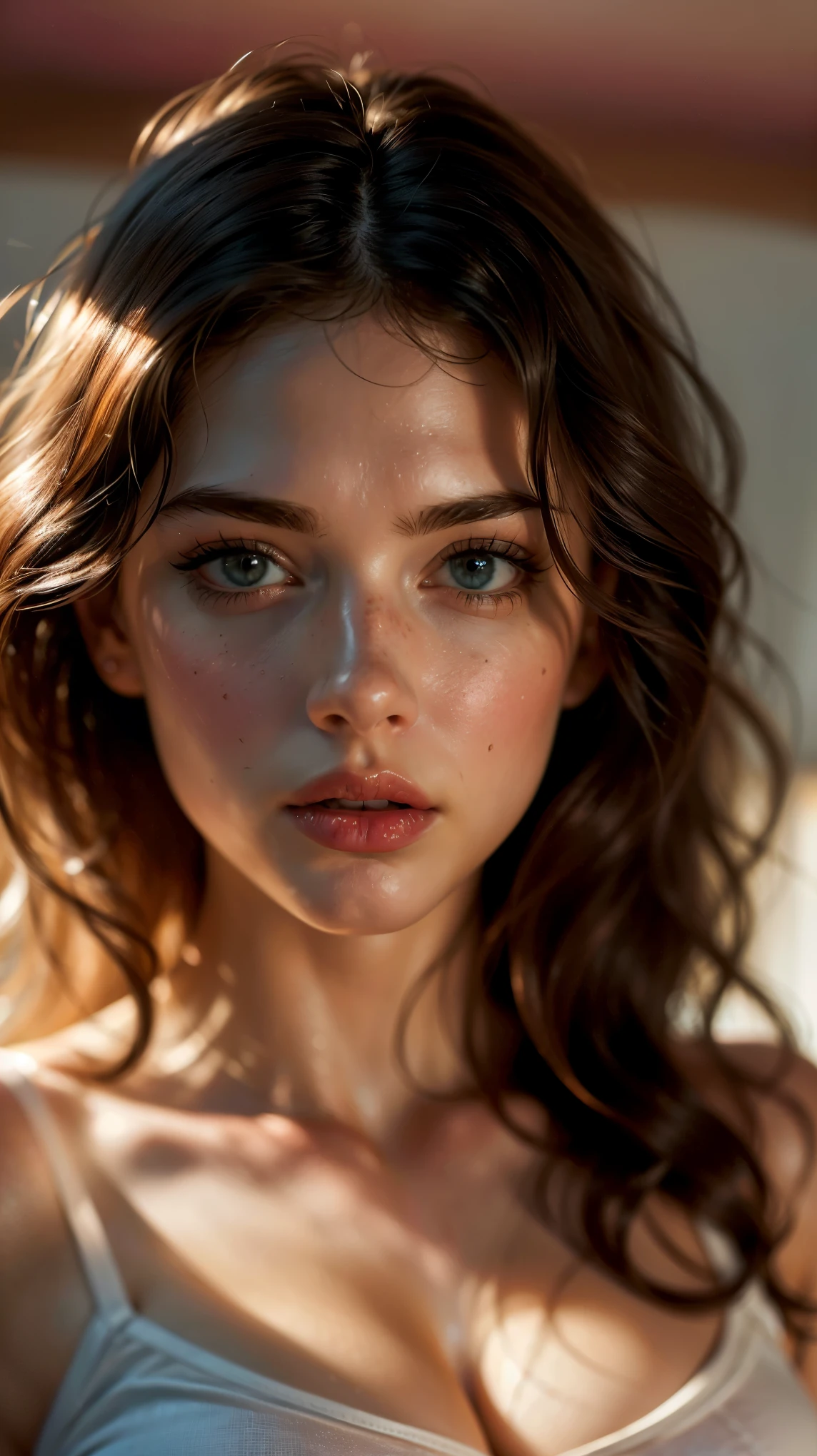 (((ultra realistic))) Photo, masterpiece, top quality, (pale skin), (Ultra detailed face and eyes:1.3), 1 girl, Adult, in a T-shirt, (Eye makeup, mascara) , ((large detailed lips)), ((ash wavy hair)), ((Chyolka)) , (Natural breasts), Slim waist. ((Posing)), photoshoot, studio (soft lighting), (The play of light and shadows), depth of field, bokeh, (special attention to skin detail: 1.2), Detailed leather texture, skin pores. (Airy atmosphere of the frame. Color range - delicate, Bright, white, Pink tones), UDR, ((Film grain)), ((rays)), ((glare of the sun)), ((waist up portrait, close to the camera)) , ultra detialed, 
