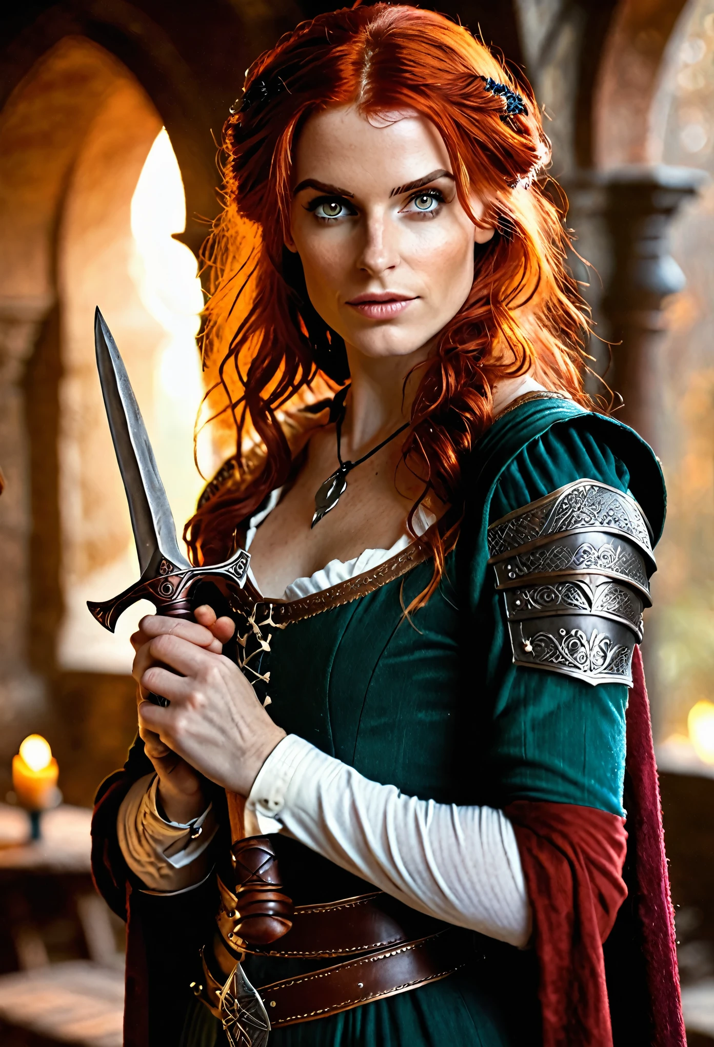 (Realistic:1.2), analog photo, RAW, female sorceress with red hair and tiny clothes, Triss Merigold, fantastic setting in "Witcher" style, whole body, soft natural light, cute and sexy, pleasure, detailed face and eyes, best quality, masterpiece, holding a short dagger in right hand, detailed fantasy background with medieval setting, (quality: 16k), Alluring. highly stylized. depth of field, bokeh effect, backlit, stylish, elegant, breathtaking, visually rich, masterpiece, full body shot.