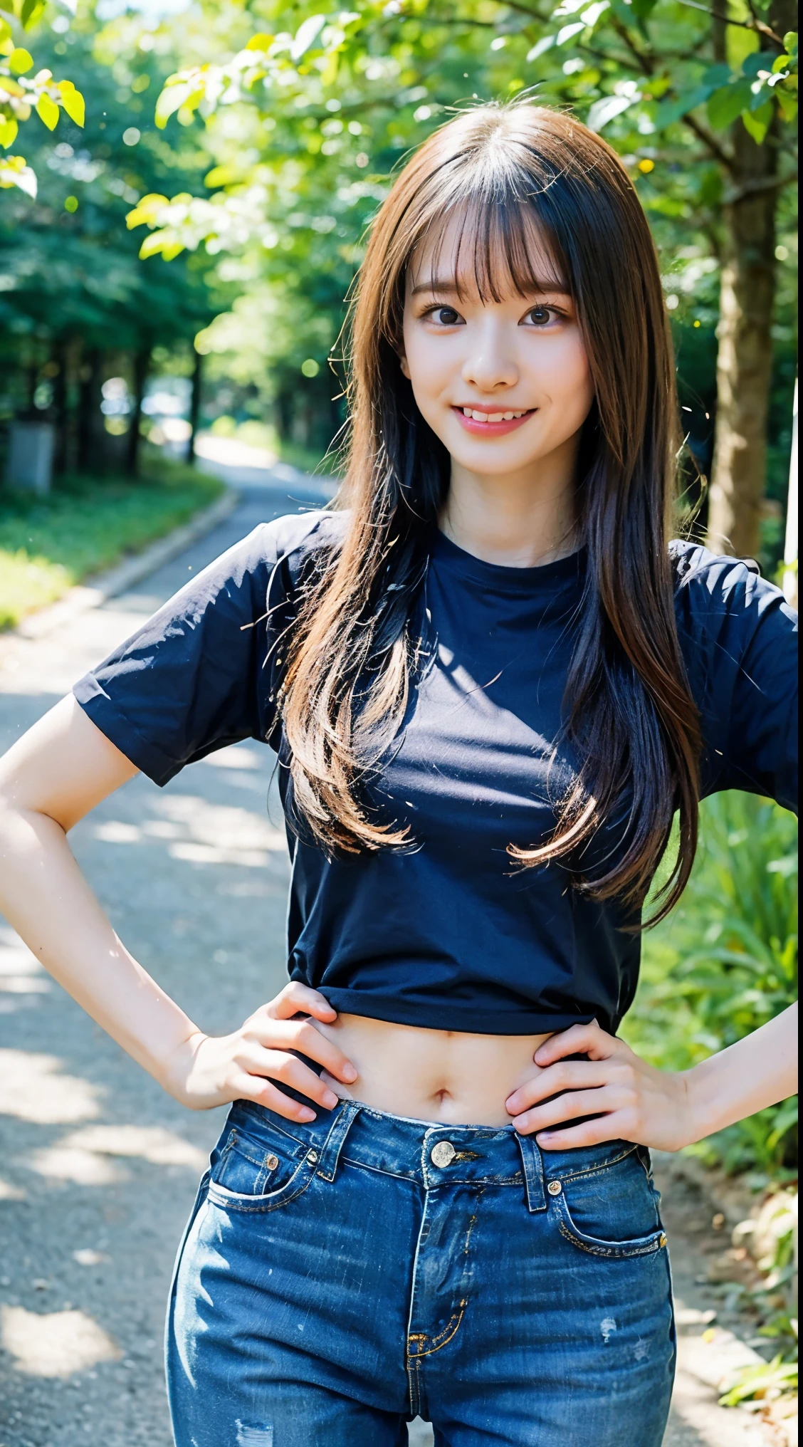 (8 k、RAW photo、top quality、masterpiece:1.2)、(realistic、Фотоrealistic)、1 girl、((black T-shirt、skinny jeans、In the woods、navel exposed))、Stand, With your hands on your hips、Lots of eyelashes、Glitter on your eyelids、Skeletally correct、Sweaty body、Beautifully aligned fingertips、Above the sky、smile. completely naked