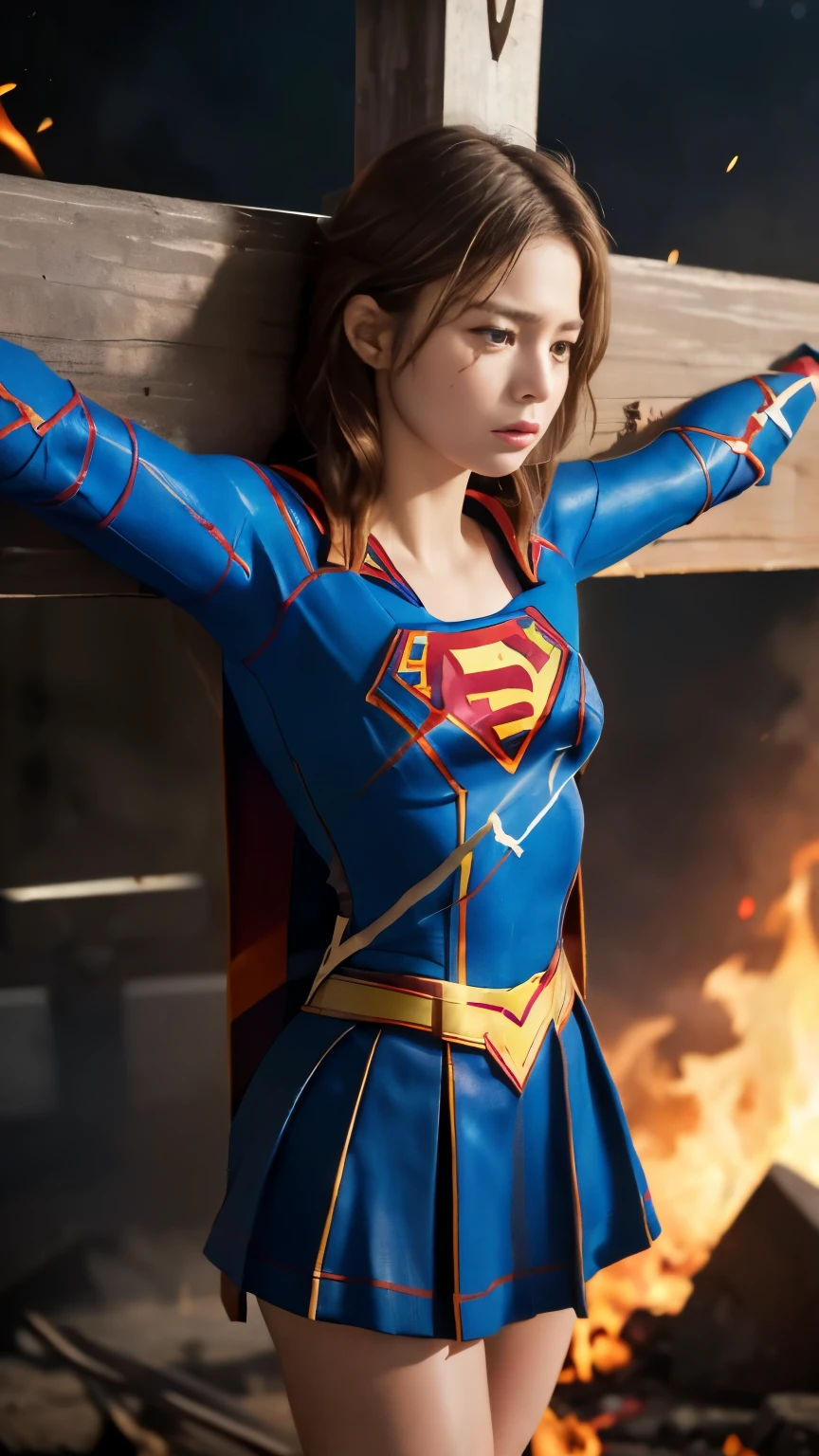 highest quality,masterpiece,UHD, Super detailed, 8K,(Beautiful woman),(一人のBeautiful woman),((crucifixion:1.5)),(((cross))),(execution),((incontinence)),scared,torture,slave,((crossにcrucifixionにされた女性:1.5)),crucifixion刑,((supergirl:1.5)),blue suit,Superman logo on chest,red skirt,red boots,((torn costume:1.5)),((Tearing of clothes:1.5)),(tattered clothes:1.5),Beaten face,顔にtraces of being beaten,((bruises on body)),scars on body,injured face and body,(Bruise, dirty, torn clothes, revealing clothes, Blood:1.3),traces of being beaten,Defeated heroine,a devastated world,ruins,abandoned building,(burning at the stake),((roasted over fire:1.2)),inflammation,(inflammationに包まれている),足下にinflammation