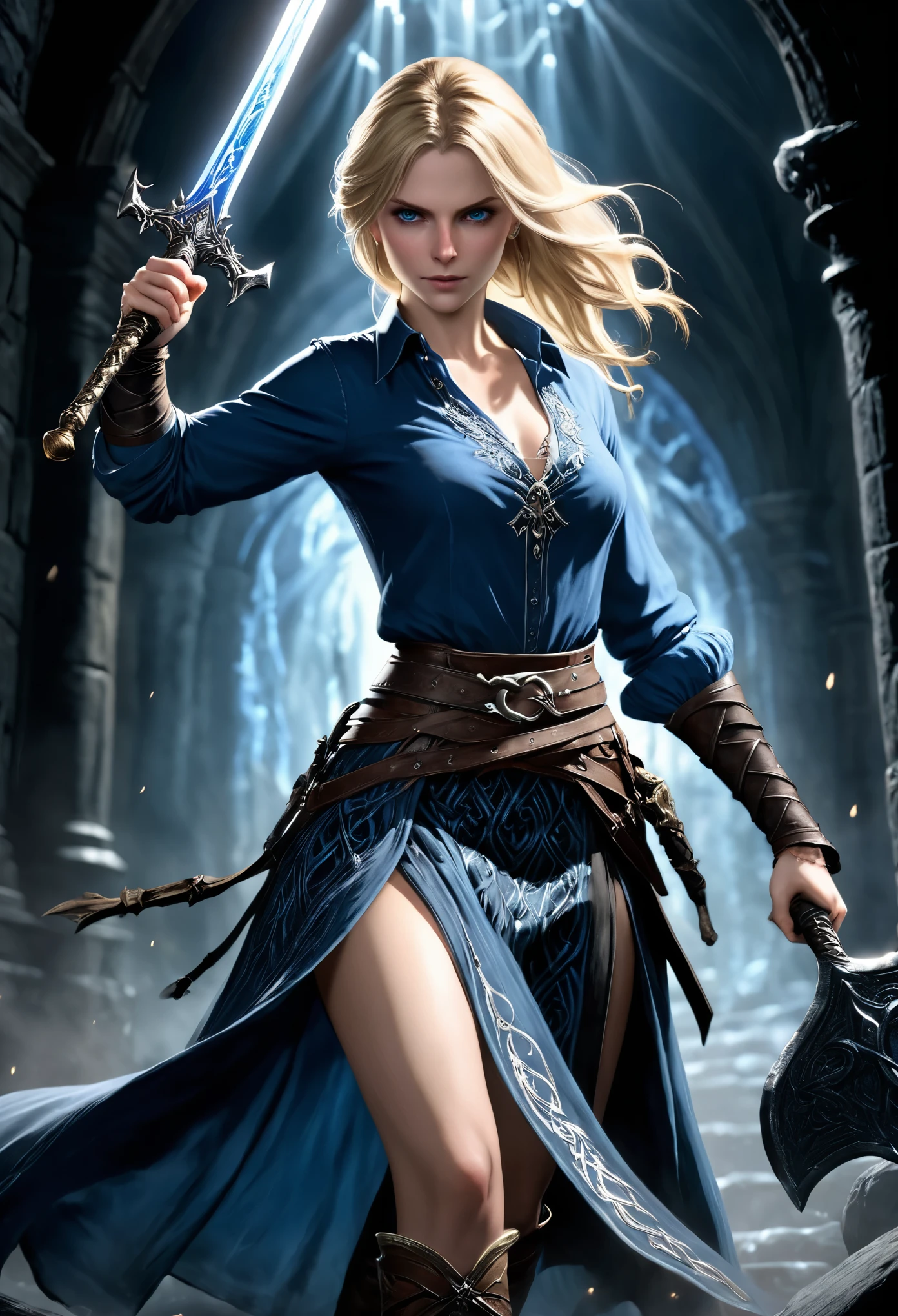 (Realisttic:1.2), Bloodborne ~ Dark Souls 3 ~ Elden Ring ~ ultra detailed, A Gorgeous blonde, dancing with the sword, in blue open shirt, black celtic pattern skirt, in dark cavern with ice and crystals elements, action pose, holding a sword. blushing, teasing, Alluring. highly stylized. depth of field, bokeh effect, backlit, stylish, elegant, breathtaking, visually rich, masterpiece full body shot.