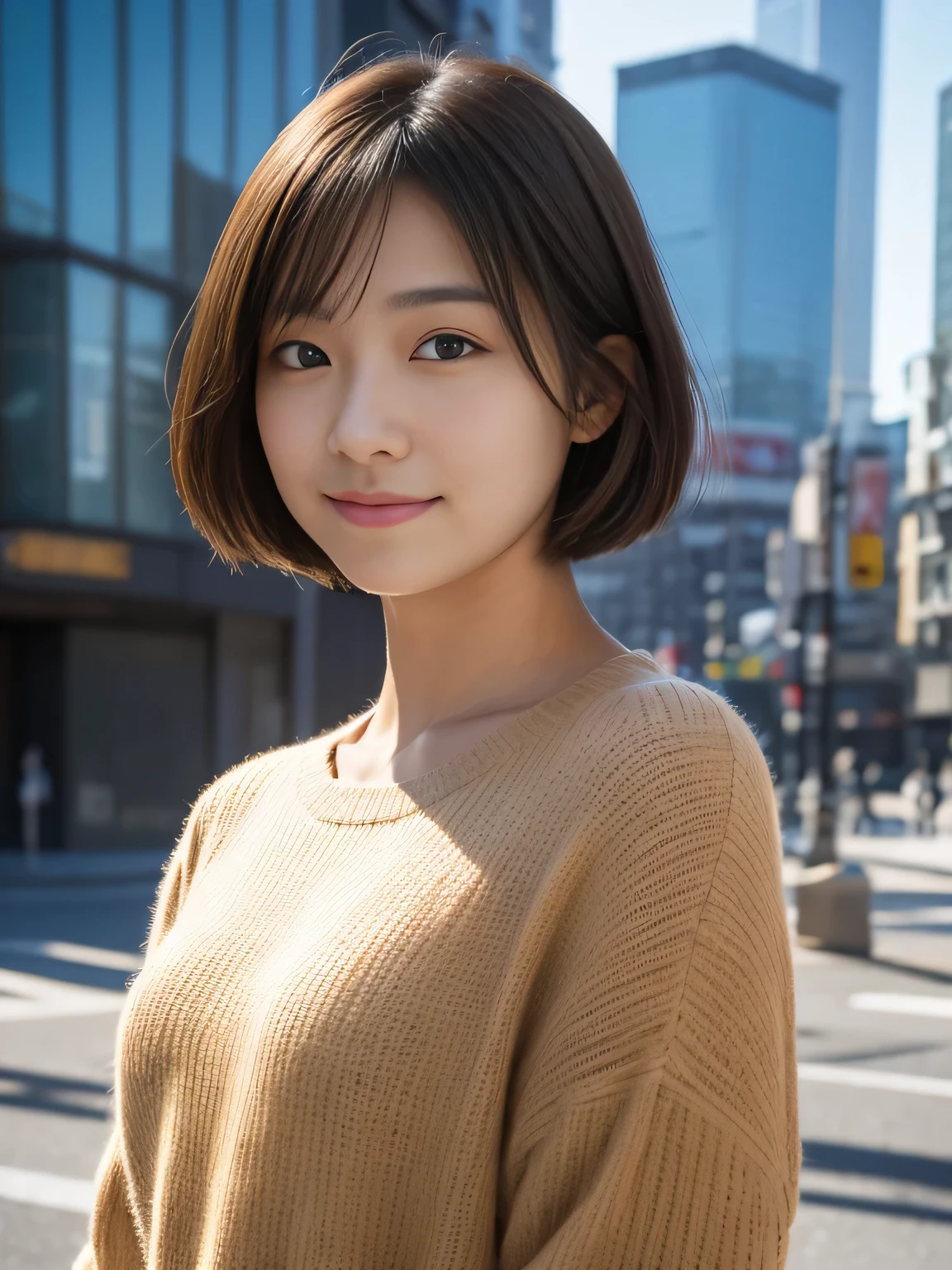 Photoreal, 8K, full body portrait, Beautiful woman, attractive appearance, slight smile, short hair, 16 years old, Tokyo, winter, With Shibuya in the background, sunlight, Natural light, Place a reflector in front of the camera to brighten the photo