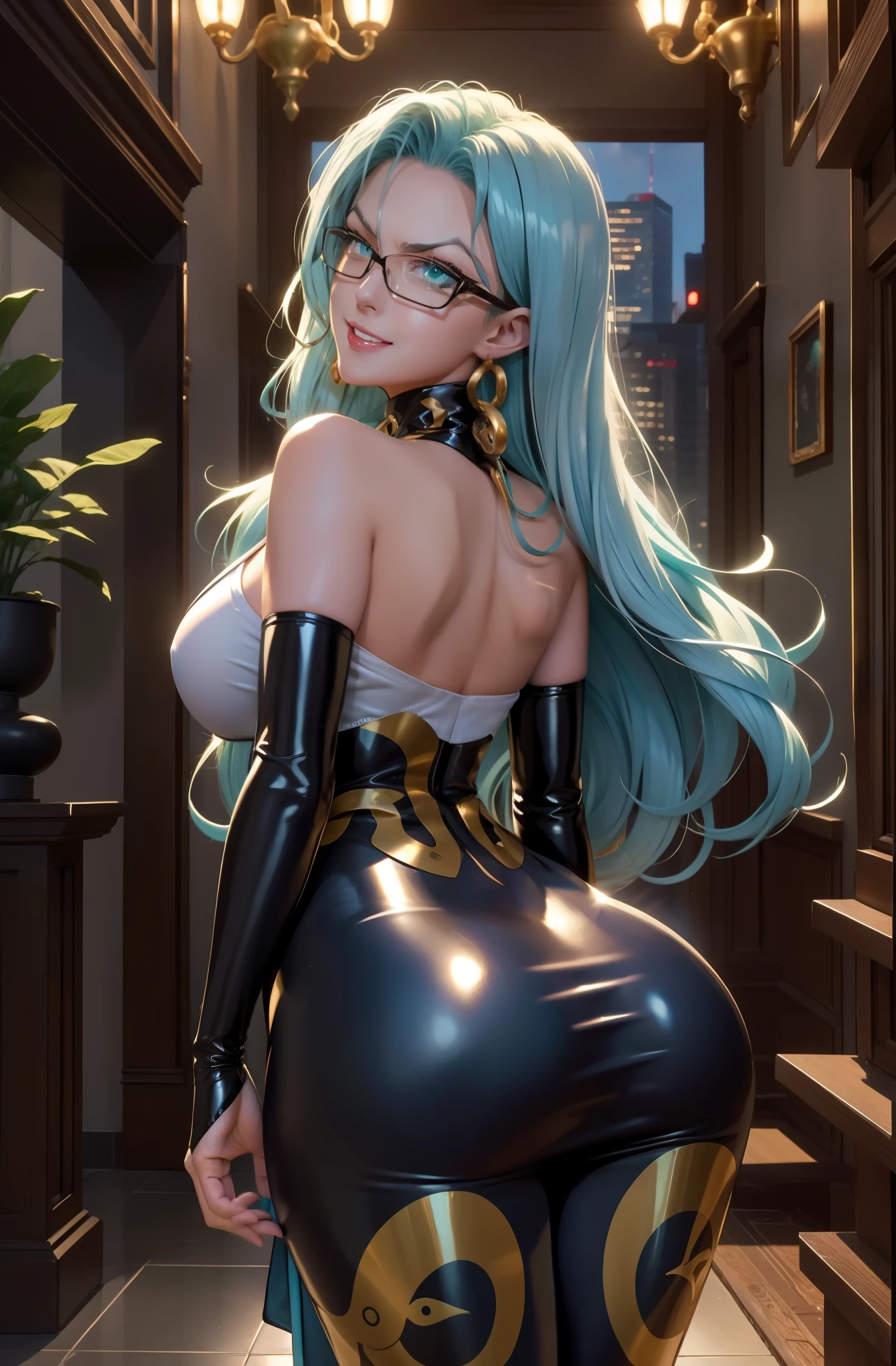 anime girl in latex outfit posing in a hallway, extremely detailed artgerm, style artgerm, fanart best artstation, 8k high quality detailed art, krenz cushart and artgerm, ig model | artgerm, artgerm julie bell beeple, artgerm on artstation pixiv, masterpiece, best quality, psykos, aqua hair, glasses, earrings, white dress, underbust, bridal gauntlets, huge breasts, cowboy shot, looking at viewer, furrowed brow, grin, blue sky, clouds, cityscape