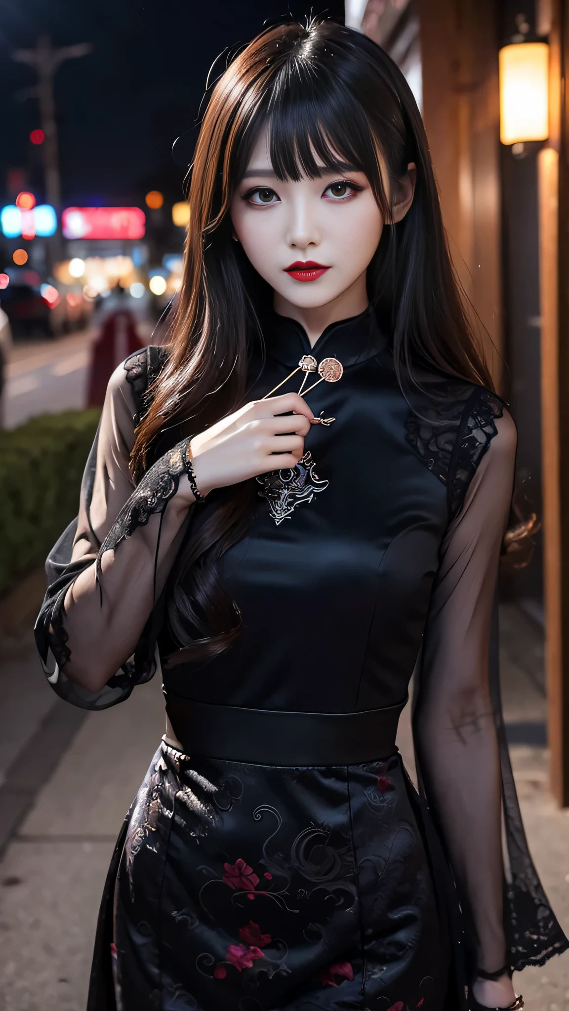 ltra-detailed、Japanese、attractive beauty、seductive adult woman、pretty woman、piercing eyes、cool girl、wavy hair、swept bangs、Long Black Cheongsam、wide sleeves、Evil cadres、evil depravity、brainwash、mind control、apply lipstick、smirk、evil look、evil、empty eyes、evil、church at night、vampire、vampire、succubus、Possessed and blackened、makeup brush、manipulate